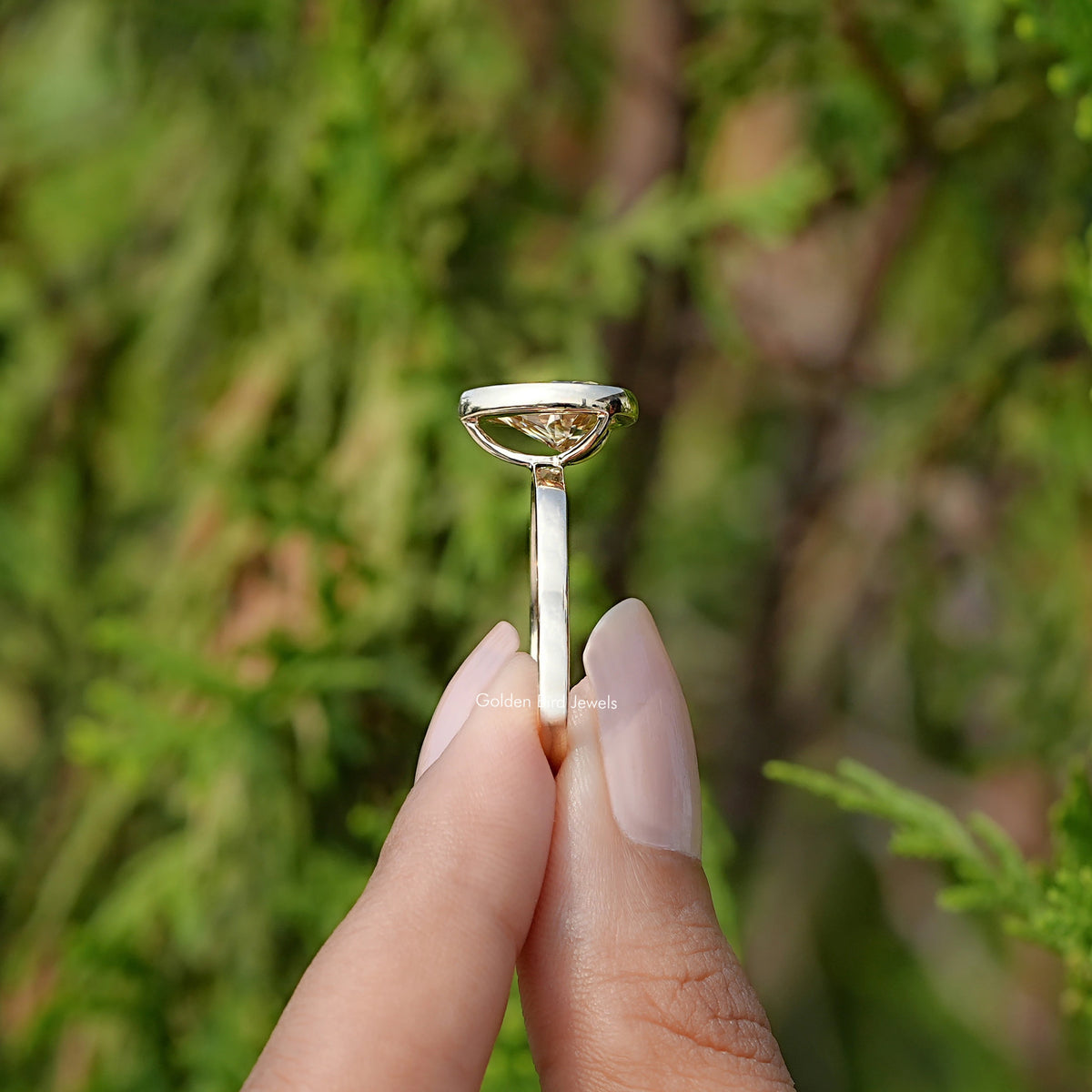 Side View of Yellow Moissanite Bezel Set Solitaire Ring