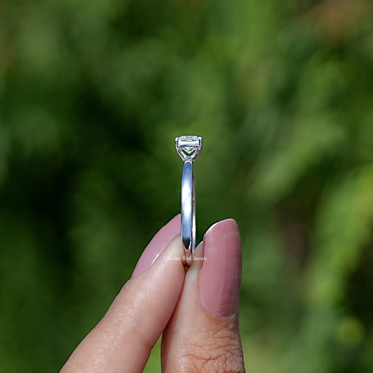 Side View of Engagement ring crafted With Princess Cut Cut moissanite