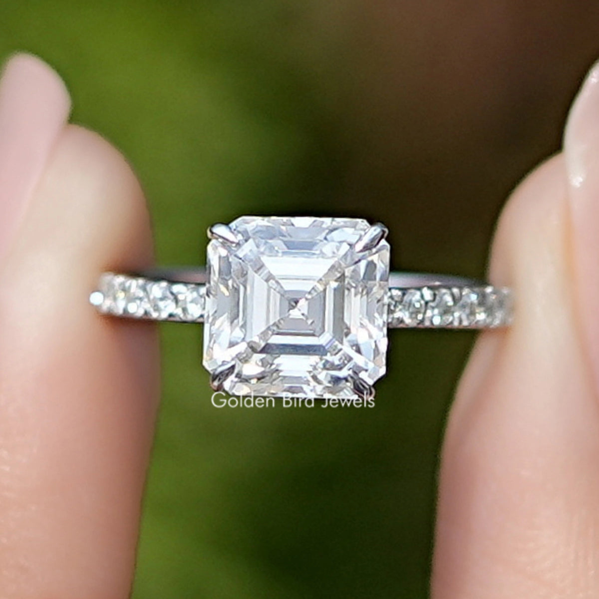 Front View Of Asscher Cut Solitaire Moissanite Accent Ring