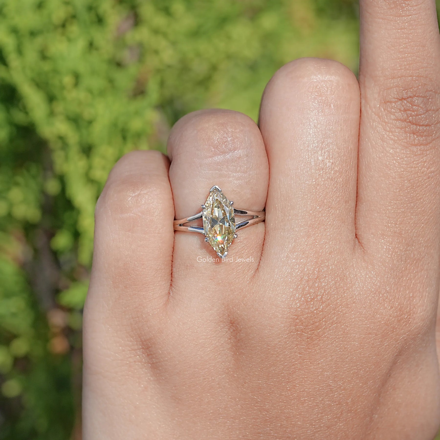 Old Mine Marquise Shaped Moissanite Solitaire Ring