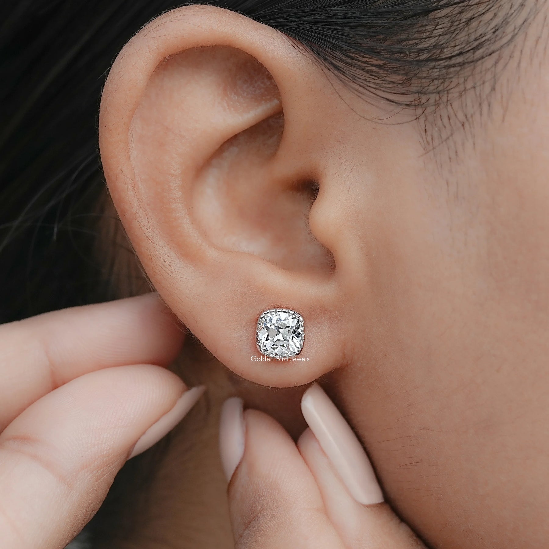 Square Old Mine Cushion Lab Diamond Milgrain Studs