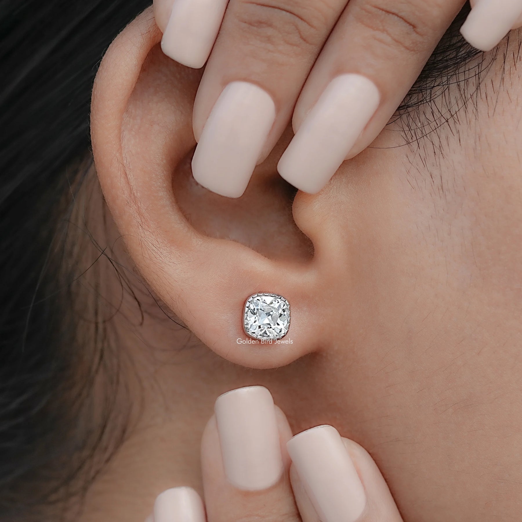 Square Old Mine Cushion Lab Diamond Milgrain Studs