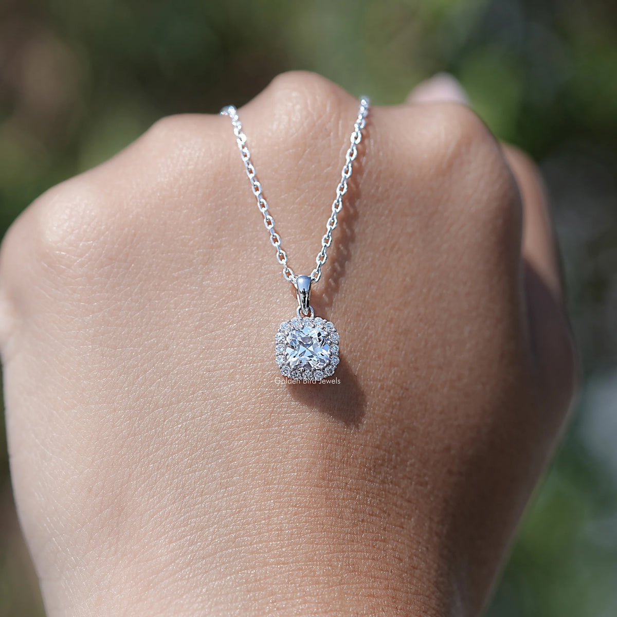 Front View of Round Cut Old European Halo Diamond Pendant