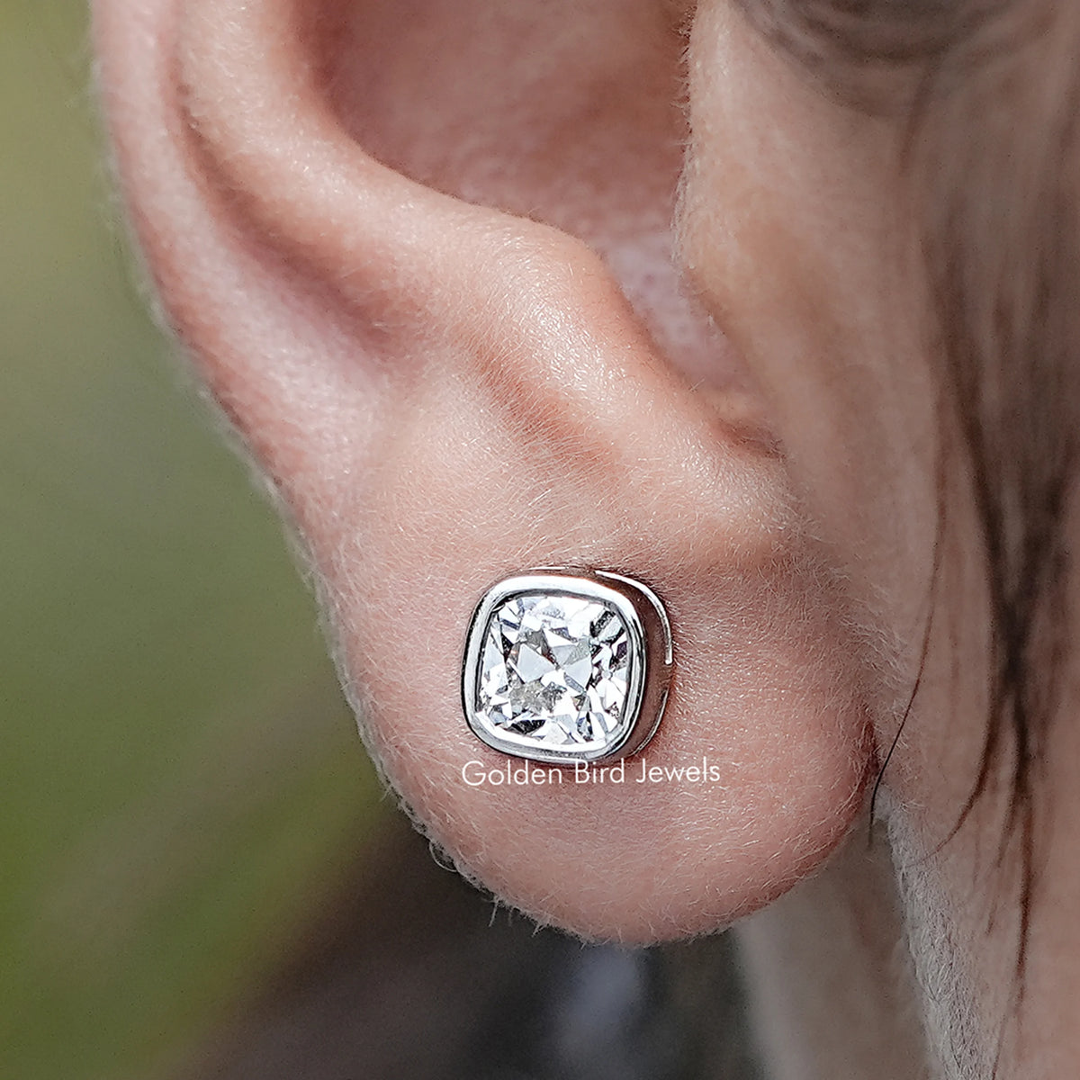 Close up view of Square Old Mine Cushion Lab Diamond Stud Earrings