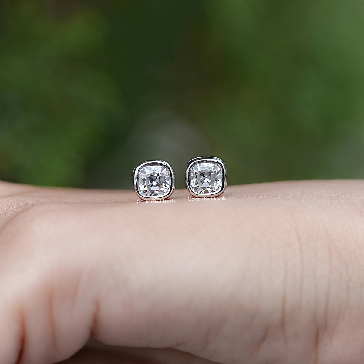 Front view of Square Old Mine Cushion Diamond Stud Earrings