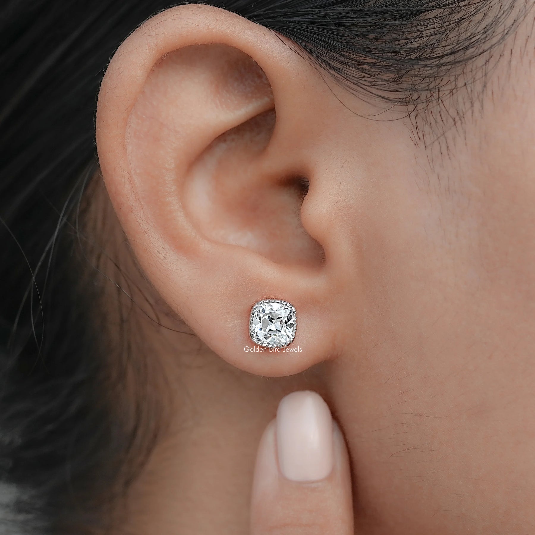 Square Old Mine Cushion Lab Diamond Milgrain Studs