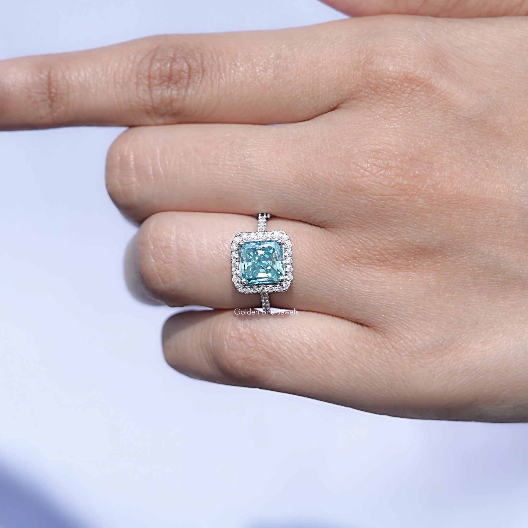 Square Radiant Moissanite Halo Accent Engagement Ring