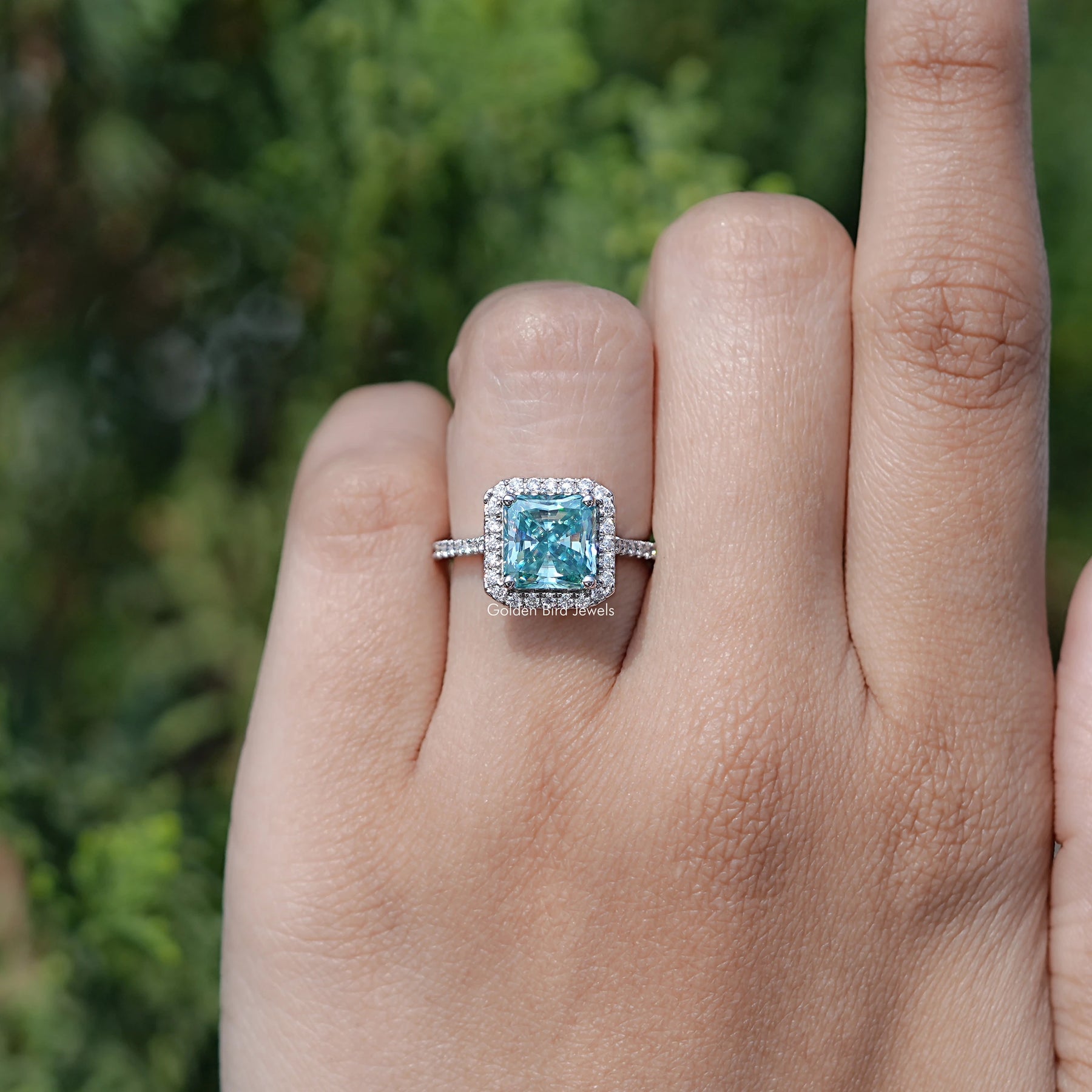 Square Radiant Moissanite Halo Accent Engagement Ring