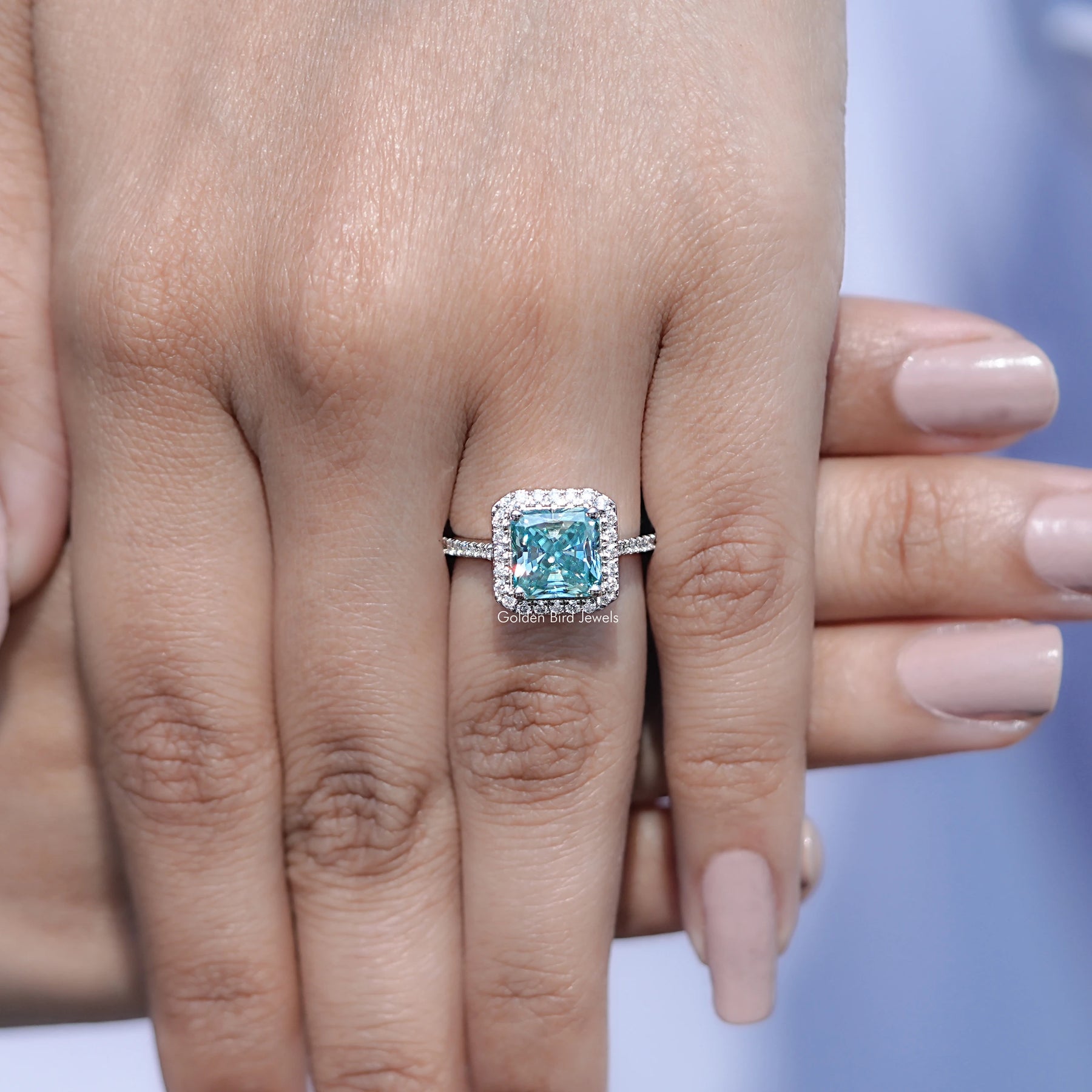 Square Radiant Moissanite Halo Accent Engagement Ring
