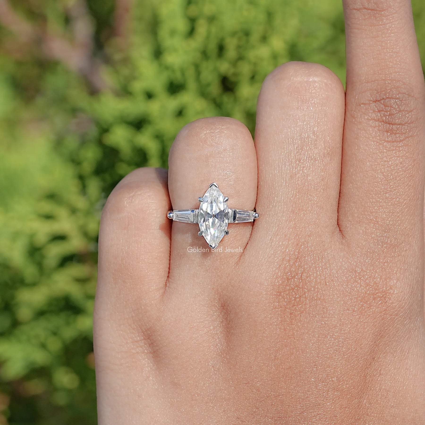 Three Stone Old Mine Marquise Moissanite Ring