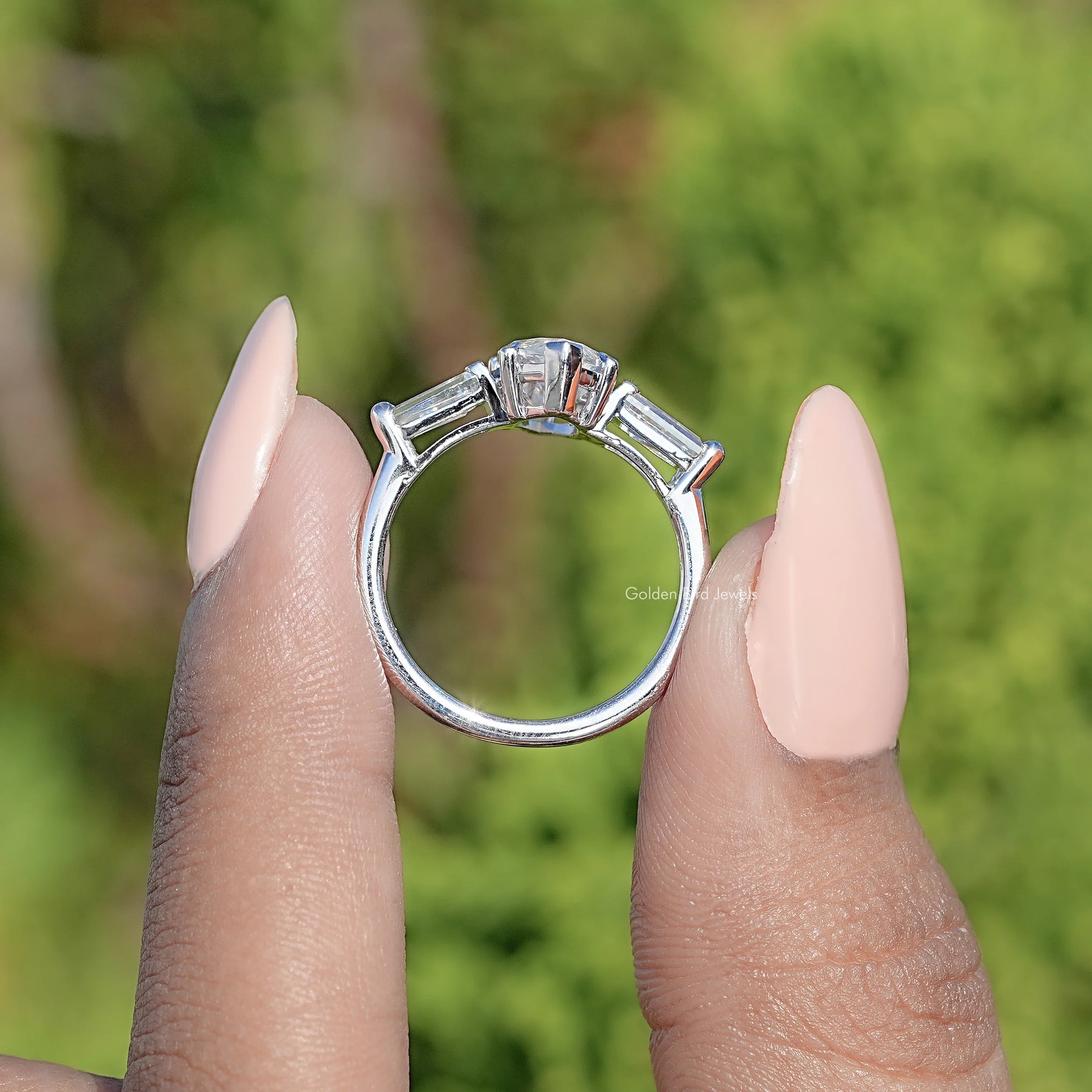 Three Stone Old Mine Marquise Moissanite Ring
