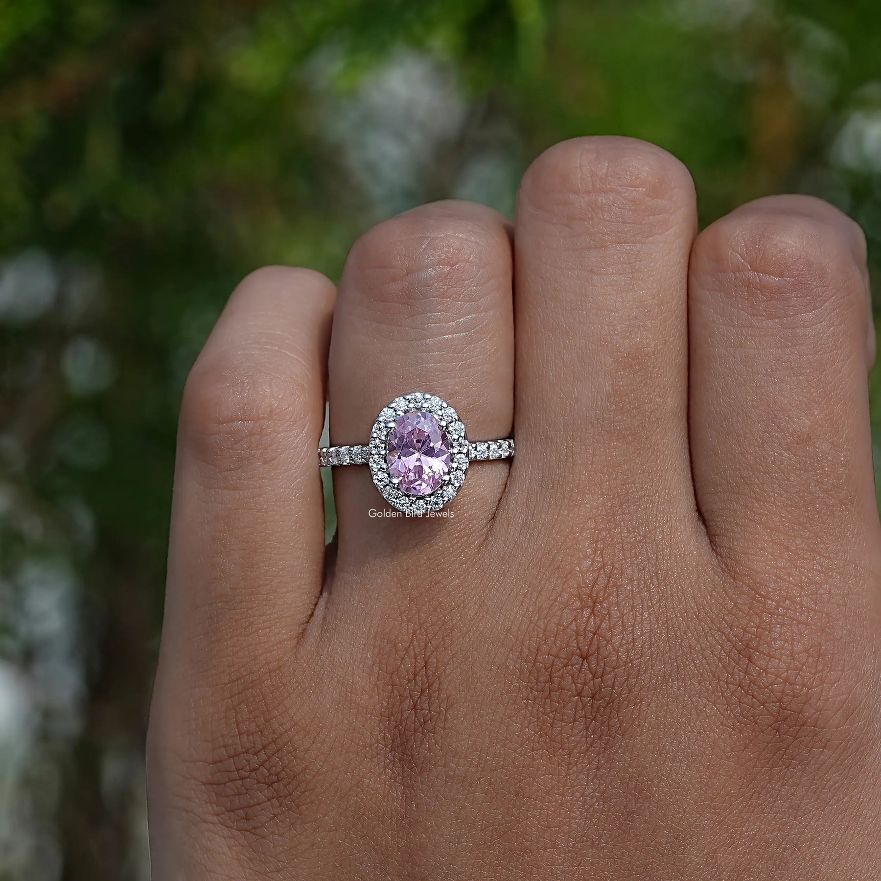 Close-Up View of Pink Tourmaline Oval Cut Gemstone Ring In White Gold