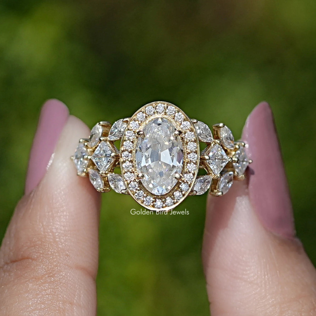 Old Mine Moval Cut Moissanite Halo Cluster Engagement Ring