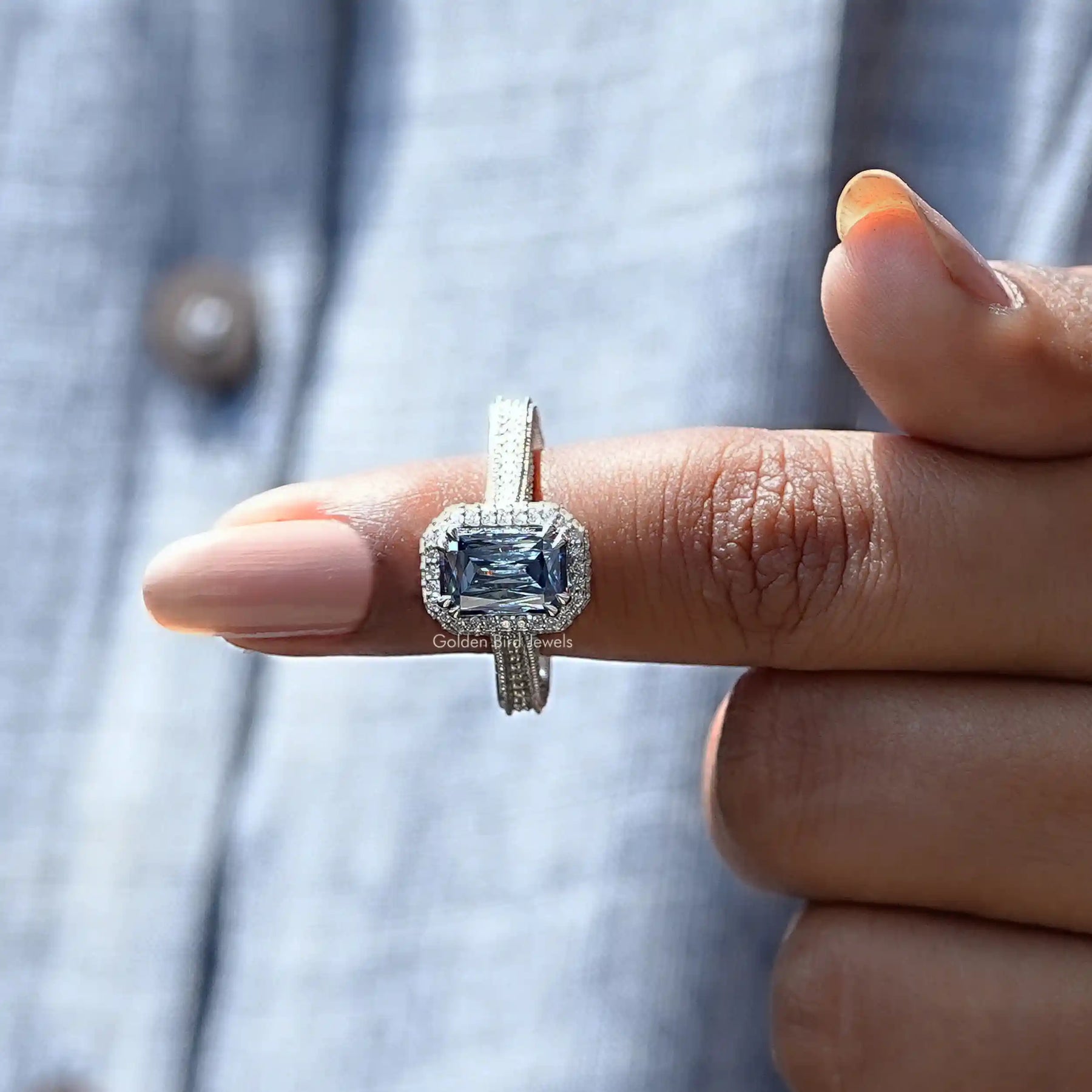 In finger front View of Criss Cut Moissanite Wedding Ring