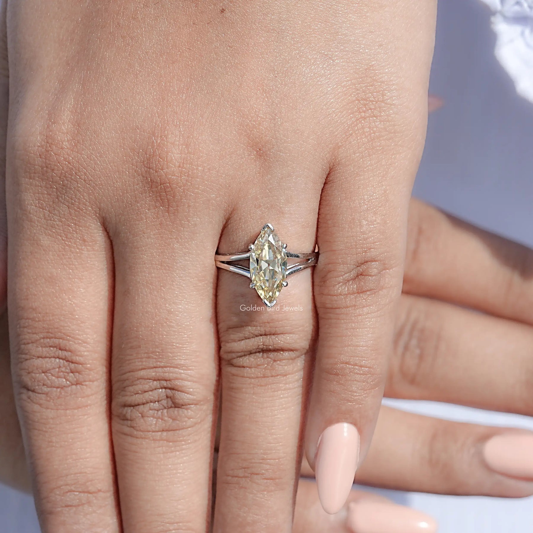 Old Mine Marquise Shaped Moissanite Solitaire Ring