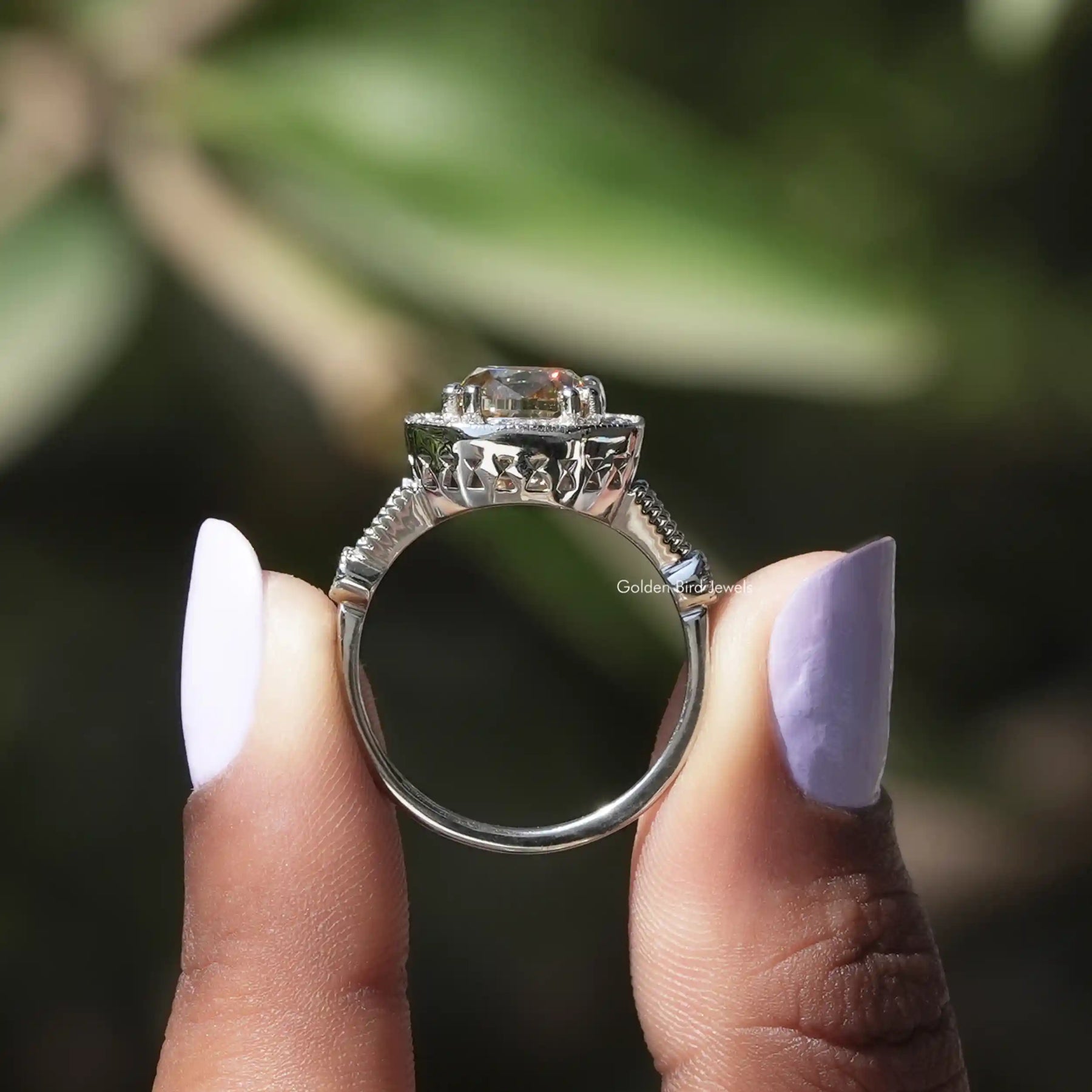 Yellow Old Mine Cushion Moissanite Halo Accent Ring