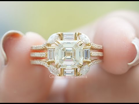 [YouTube Video Of Old Mine Asscher Cut Moissanite Cluster Engagement Ring]-[Golden Bird Jewels]