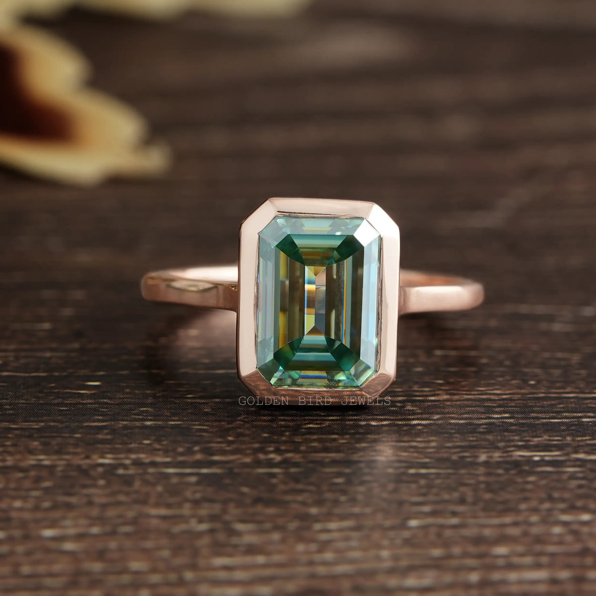 [4.75 Carat Blue Green Emerald Cut Bezel Moissanite Solitaire Engagement Ring]-[Golden Bird Jewels]