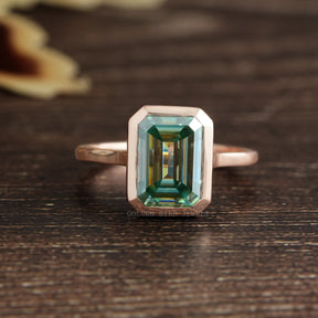 [4.75 Carat Blue Green Emerald Cut Bezel Moissanite Solitaire Engagement Ring]-[Golden Bird Jewels]