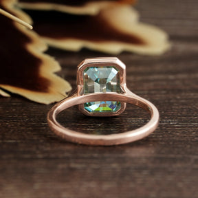 [Blue Green Emerald Cut Bezel Moissanite Solitaire Engagement Ring]-[Golden Bird Jewels]