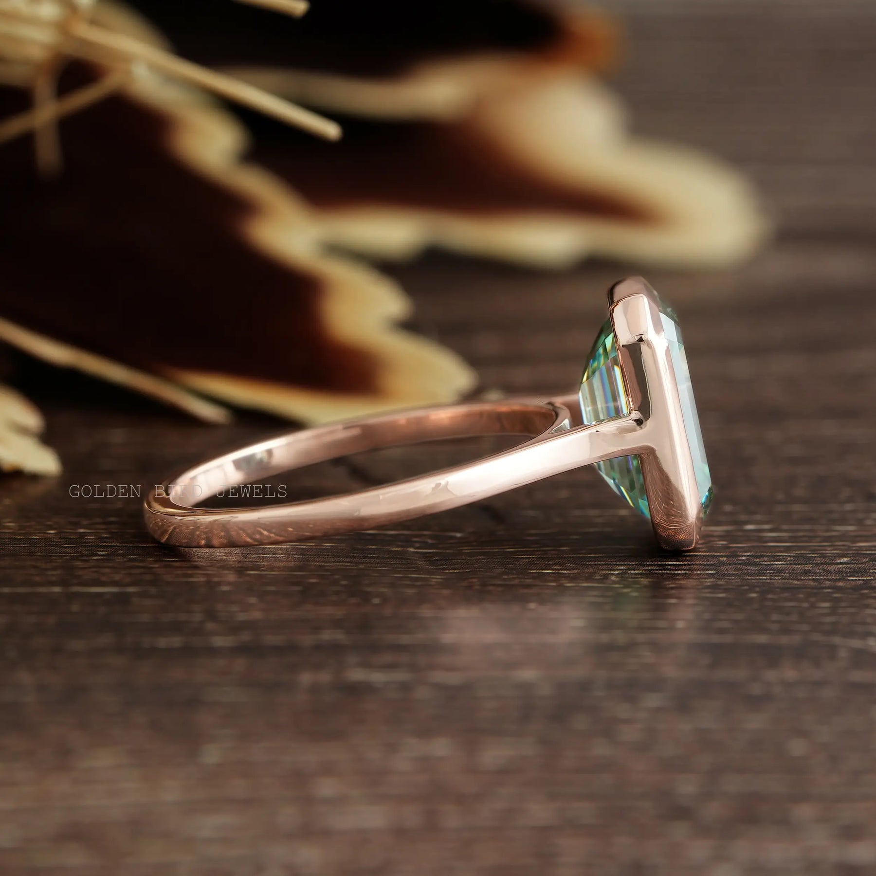 [Moissanite Bezel Set Emerald Cut Solitaire Engagement Ring]-[Golden Bird Jewels]