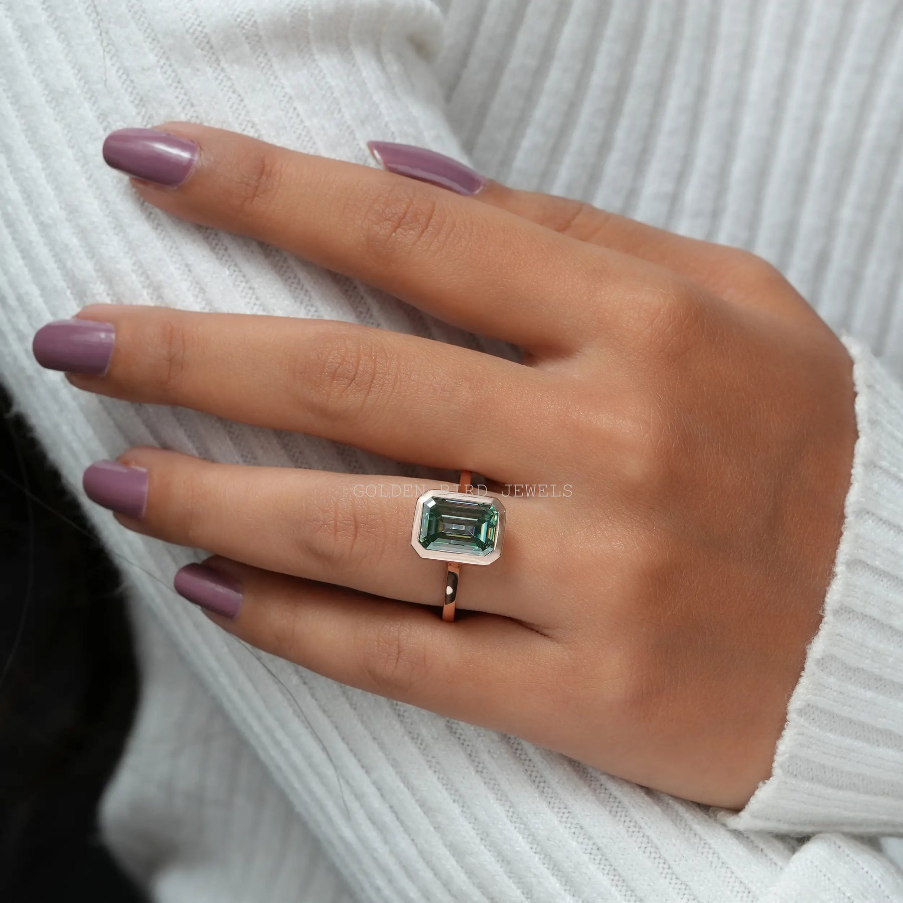 [Bezel Set Emerald Cut Moissanite Engagement Ring]-[Golden Bird Jewels]