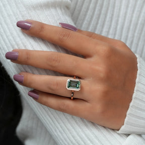 [Bezel Set Emerald Cut Moissanite Engagement Ring]-[Golden Bird Jewels]