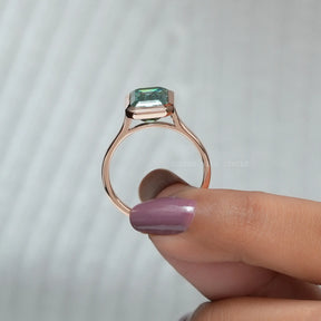 [Classic Blue Green Emerald Cut Bezel Moissanite Solitaire Ring For Women]-[Golden Bird Jewels]