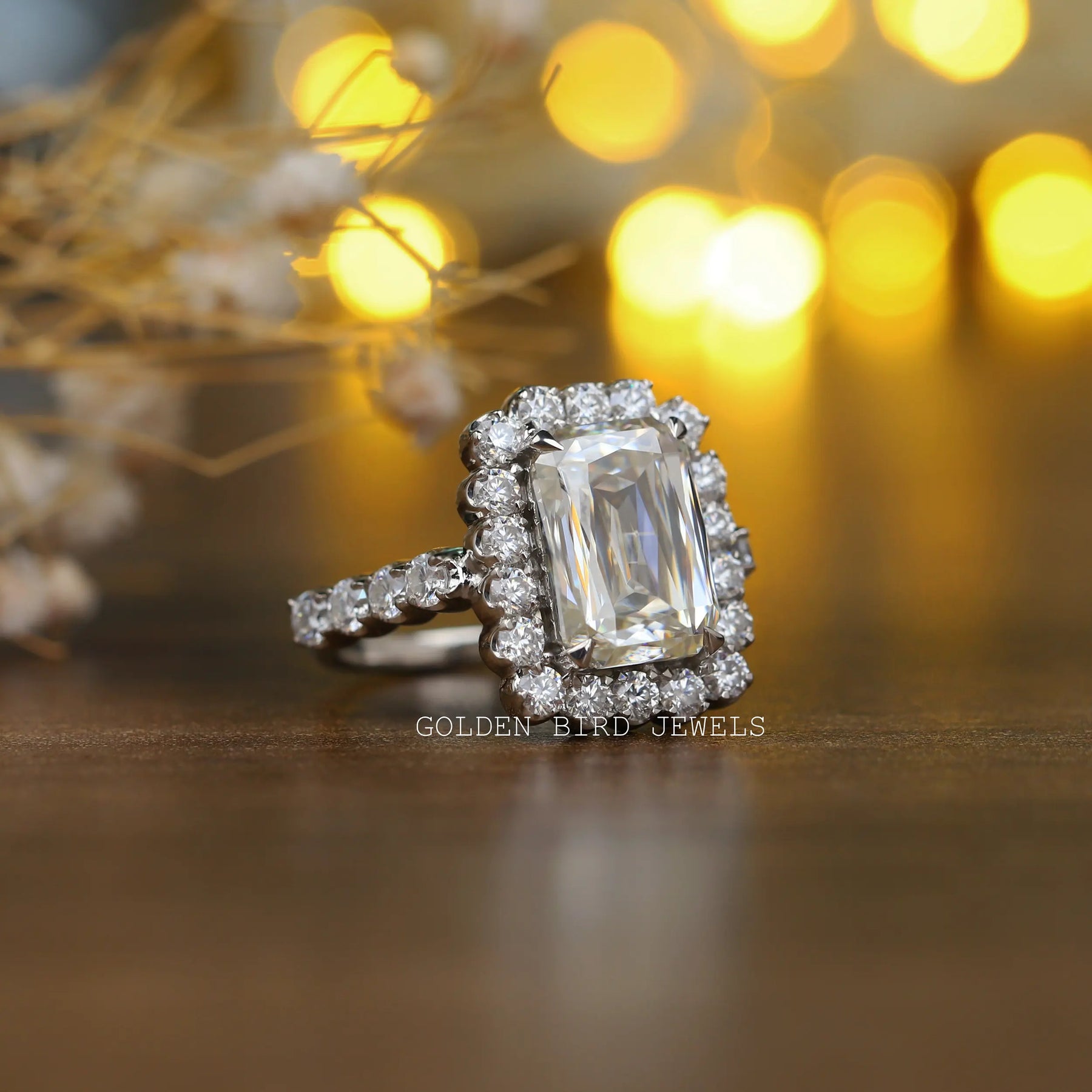 Detailed View of Criss Cut Moissanite Cluster Halo Ring In White Gold