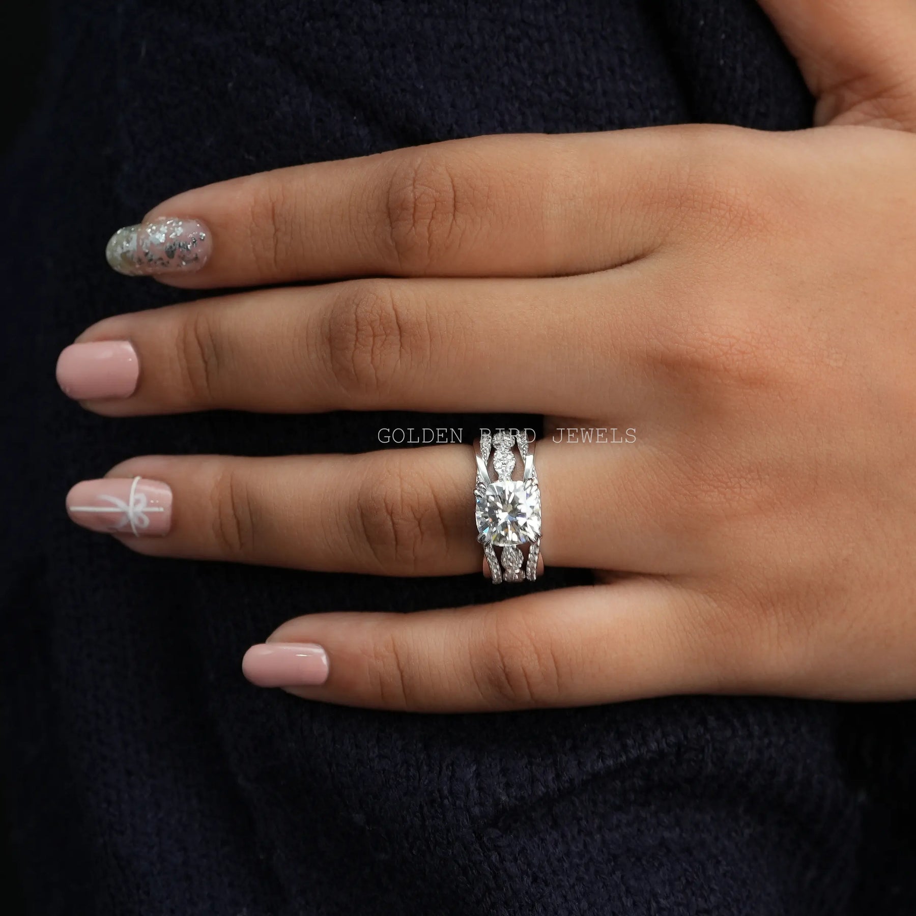 Hand View Of Brilliant Cut Colorless Cushion Moissanite Bridal Ring Set