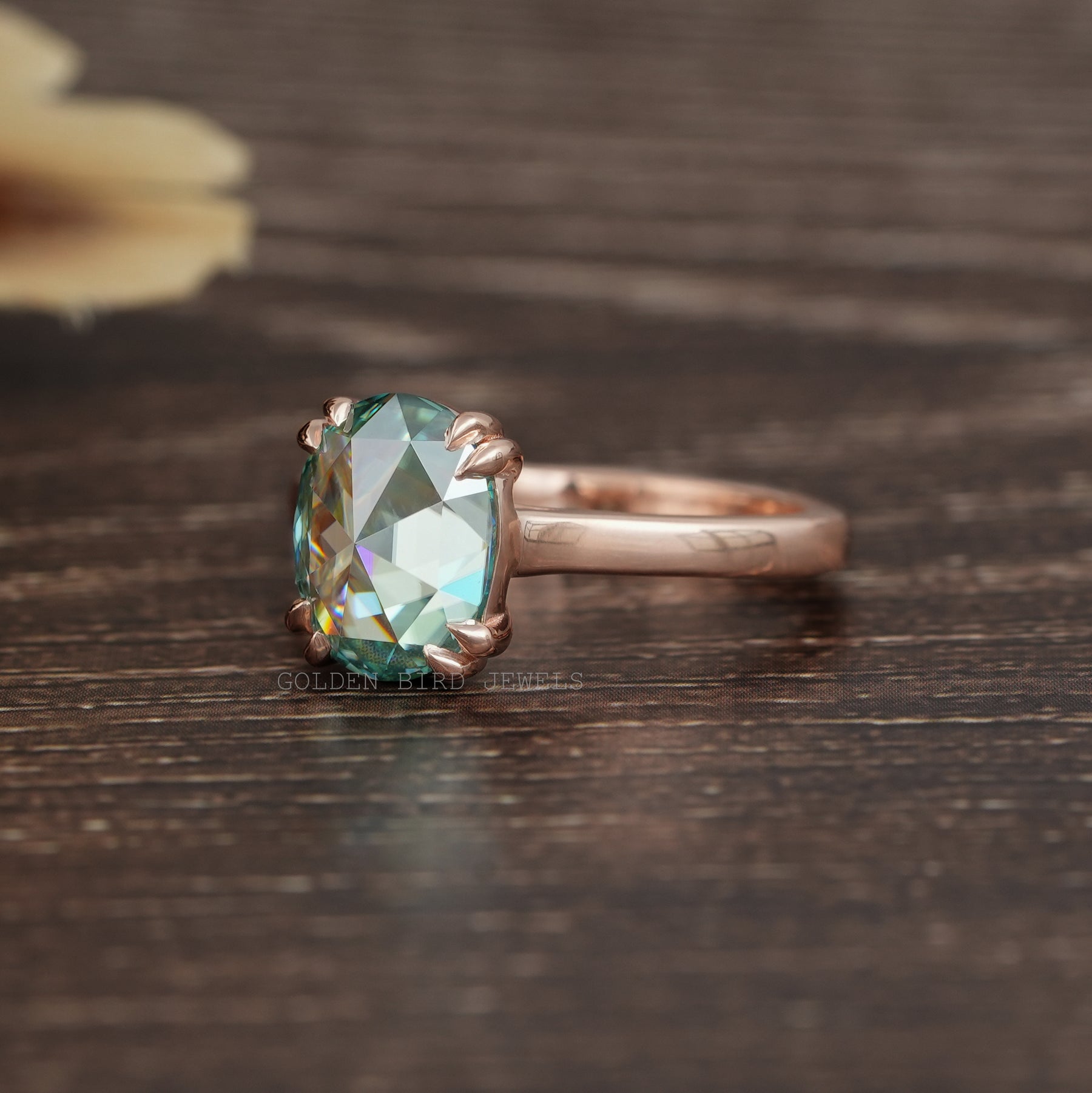 Blue Rose Cut Oval Moissanite Solitaire Engagement Ring