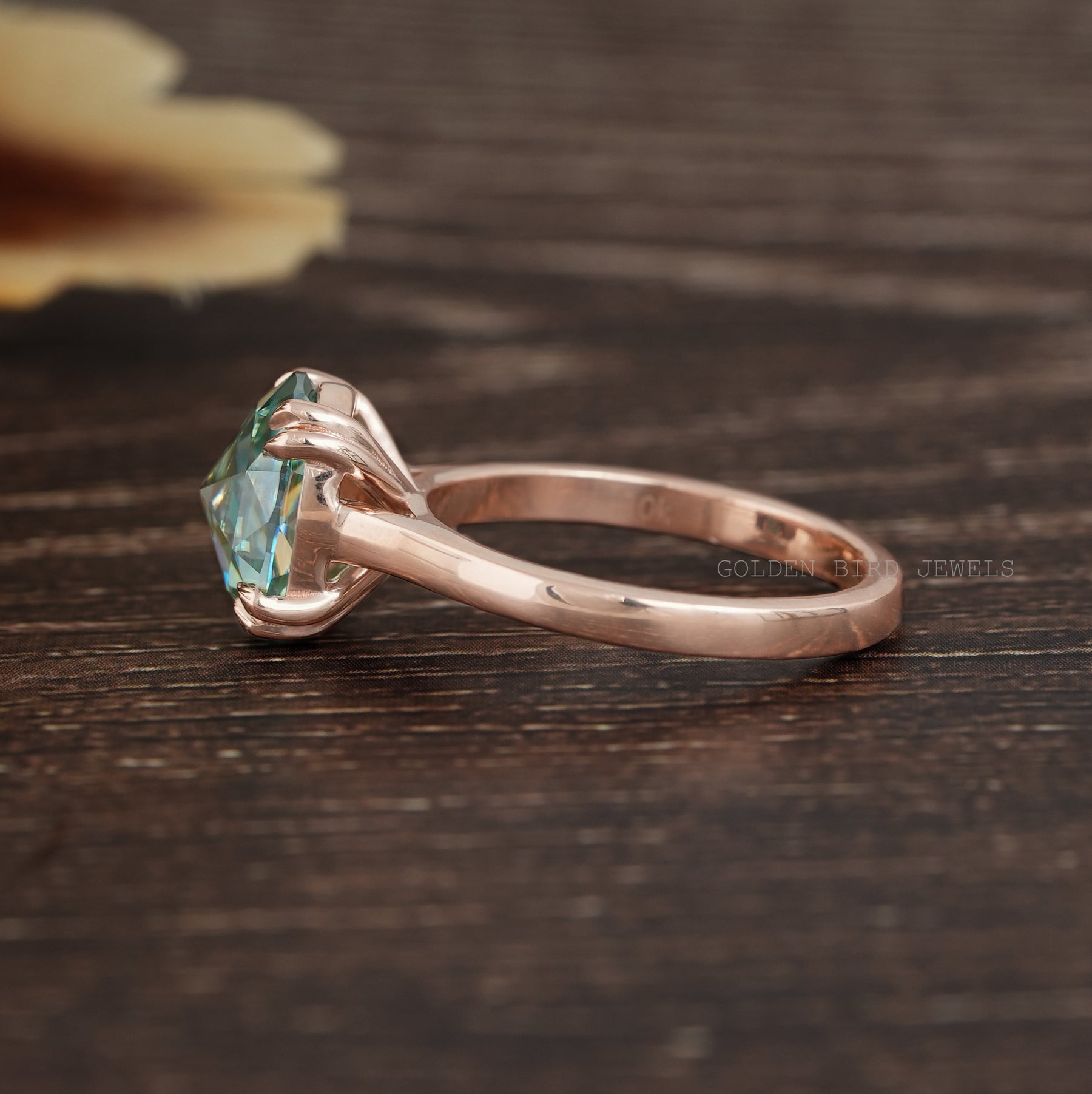 Blue Rose Cut Oval Moissanite Solitaire Engagement Ring