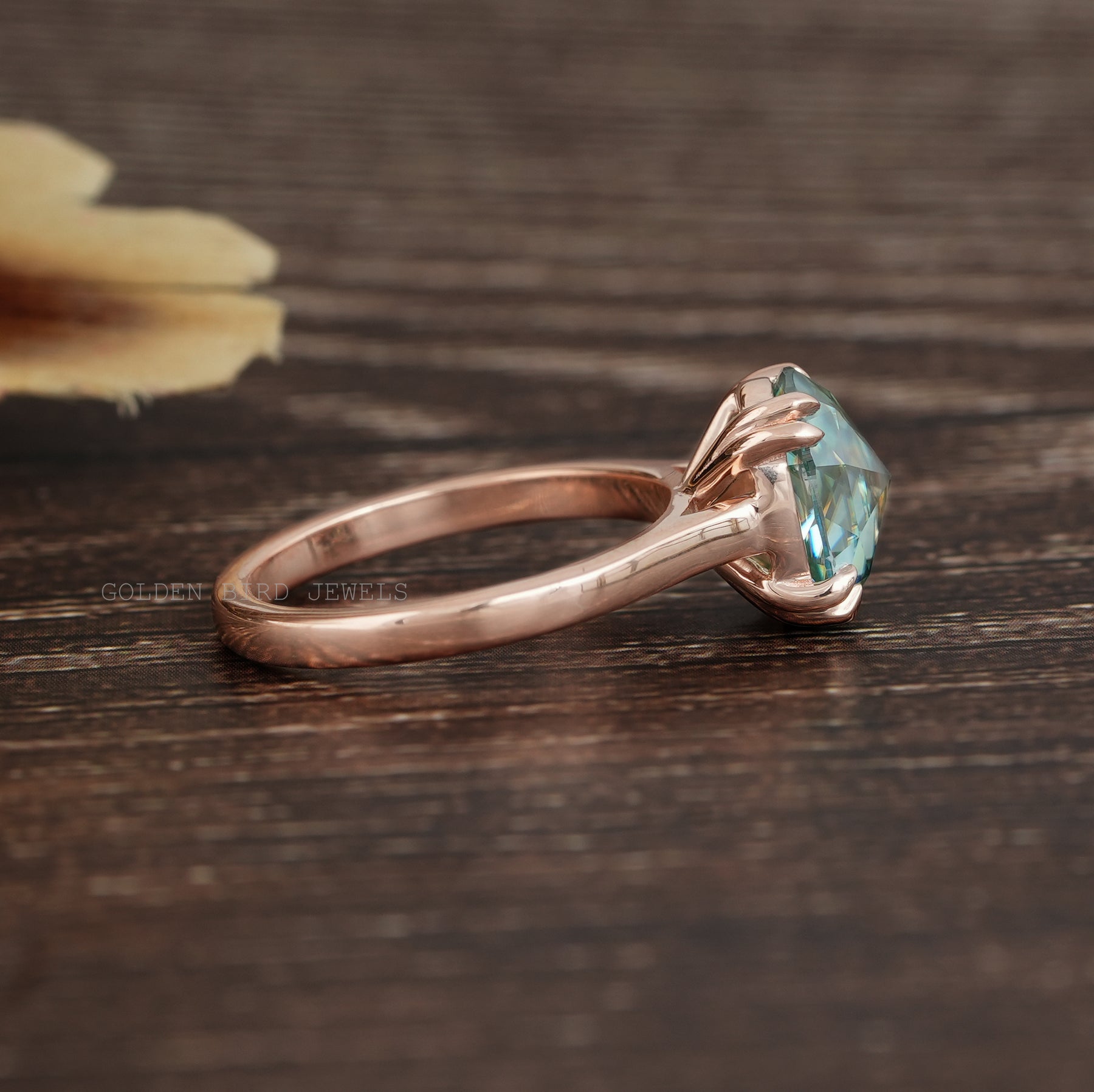 Blue Rose Cut Oval Moissanite Solitaire Engagement Ring
