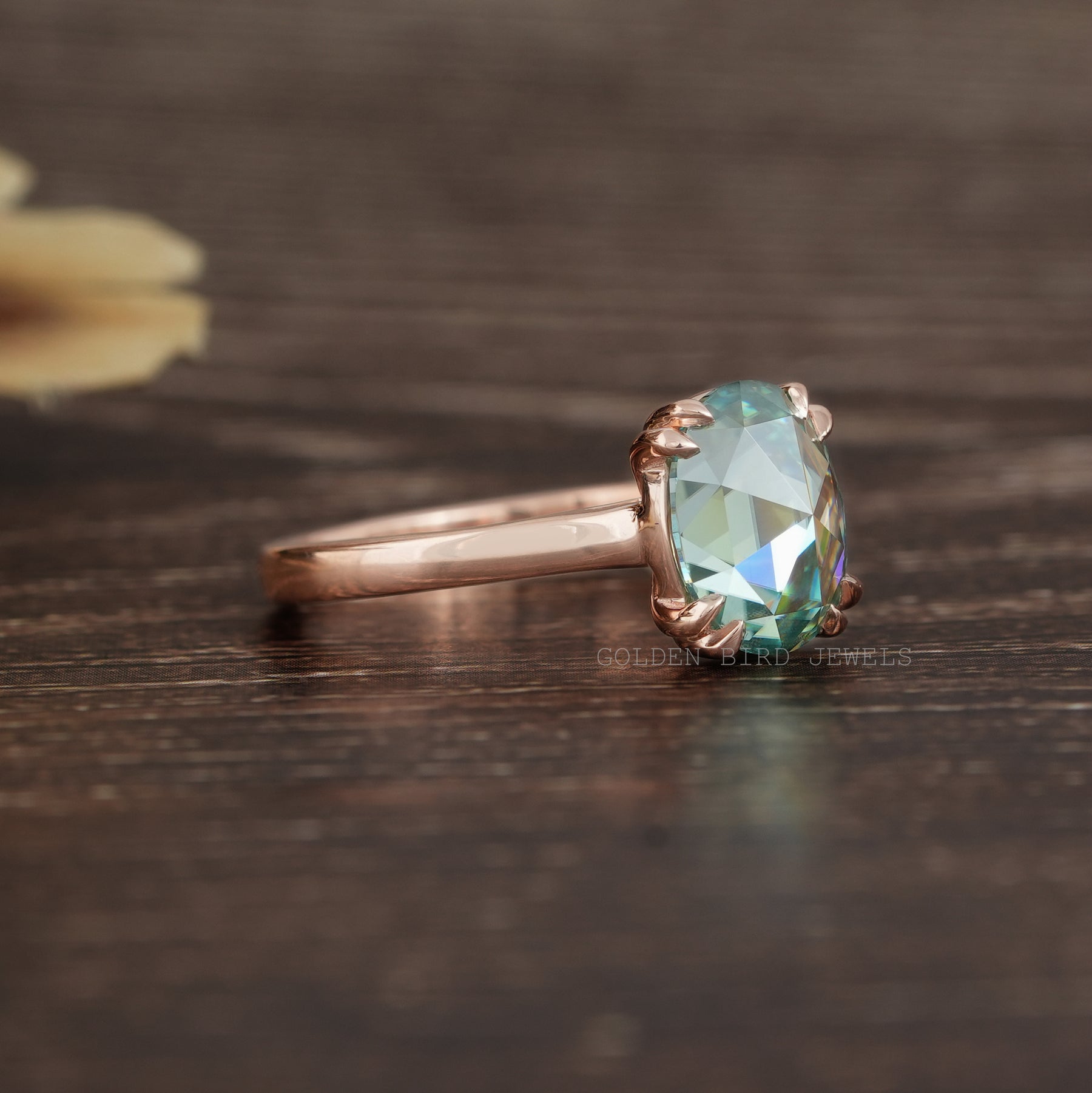 Blue Rose Cut Oval Moissanite Solitaire Engagement Ring