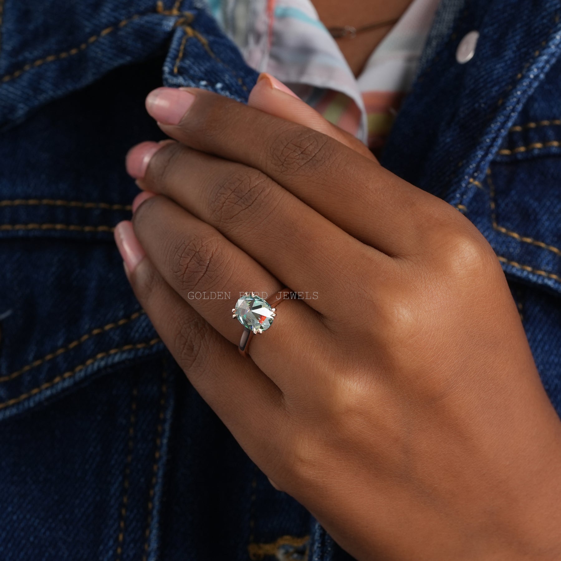 Blue Rose Cut Oval Moissanite Solitaire Engagement Ring