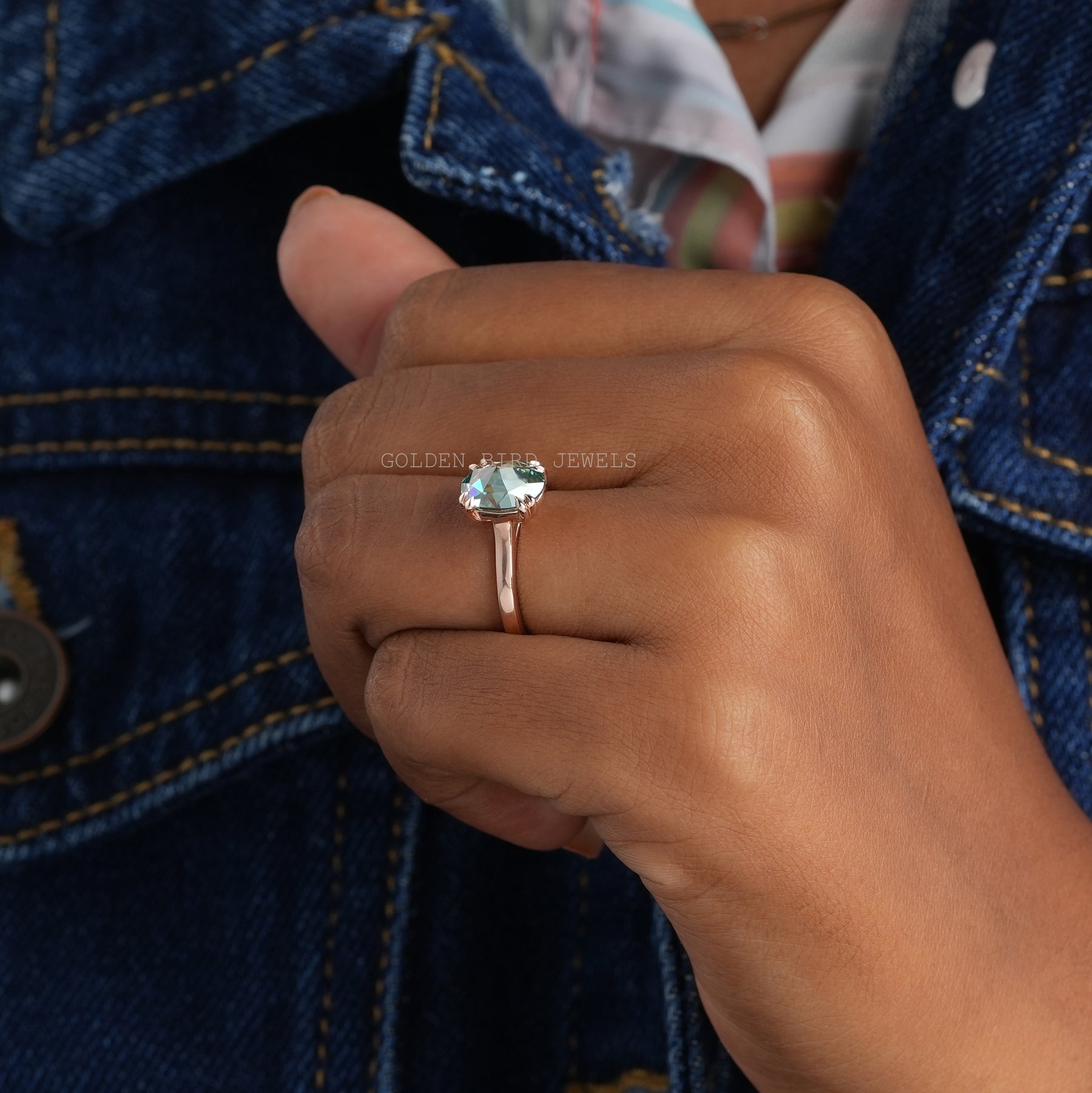 Blue Rose Cut Oval Moissanite Solitaire Engagement Ring