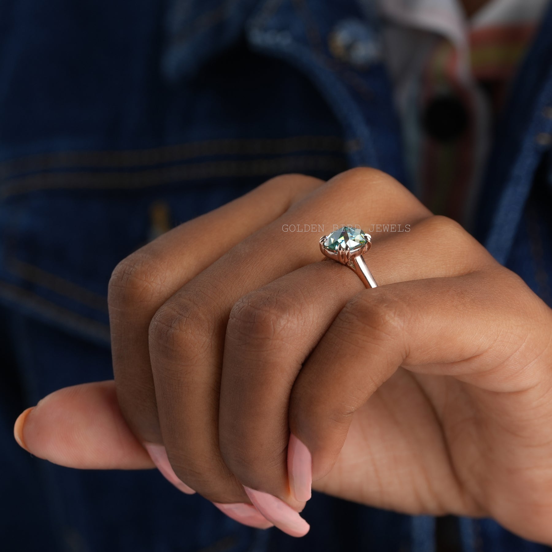 Blue Rose Cut Oval Moissanite Solitaire Engagement Ring
