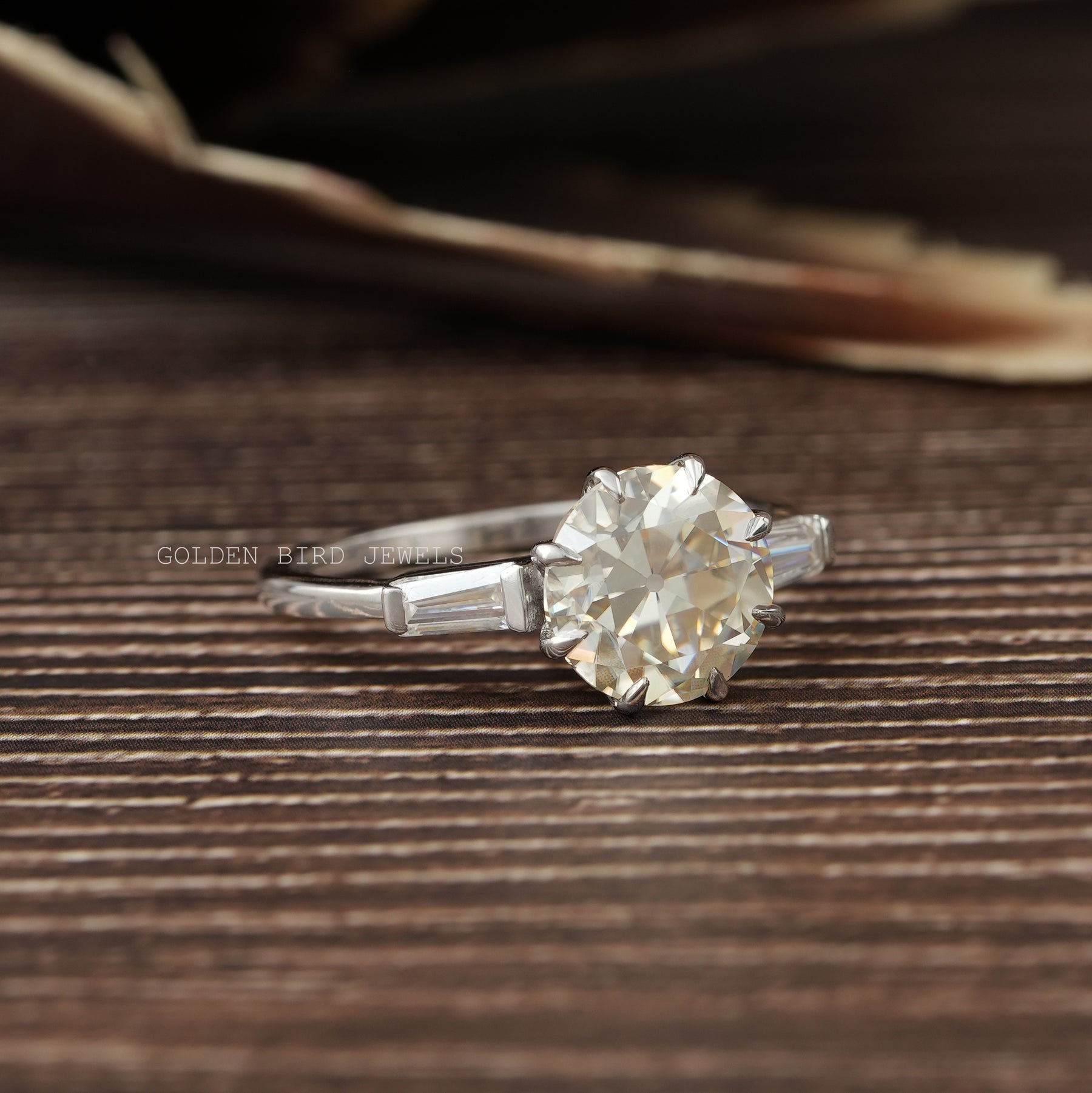 Old European Round Moissanite Three Stone Engagement Ring