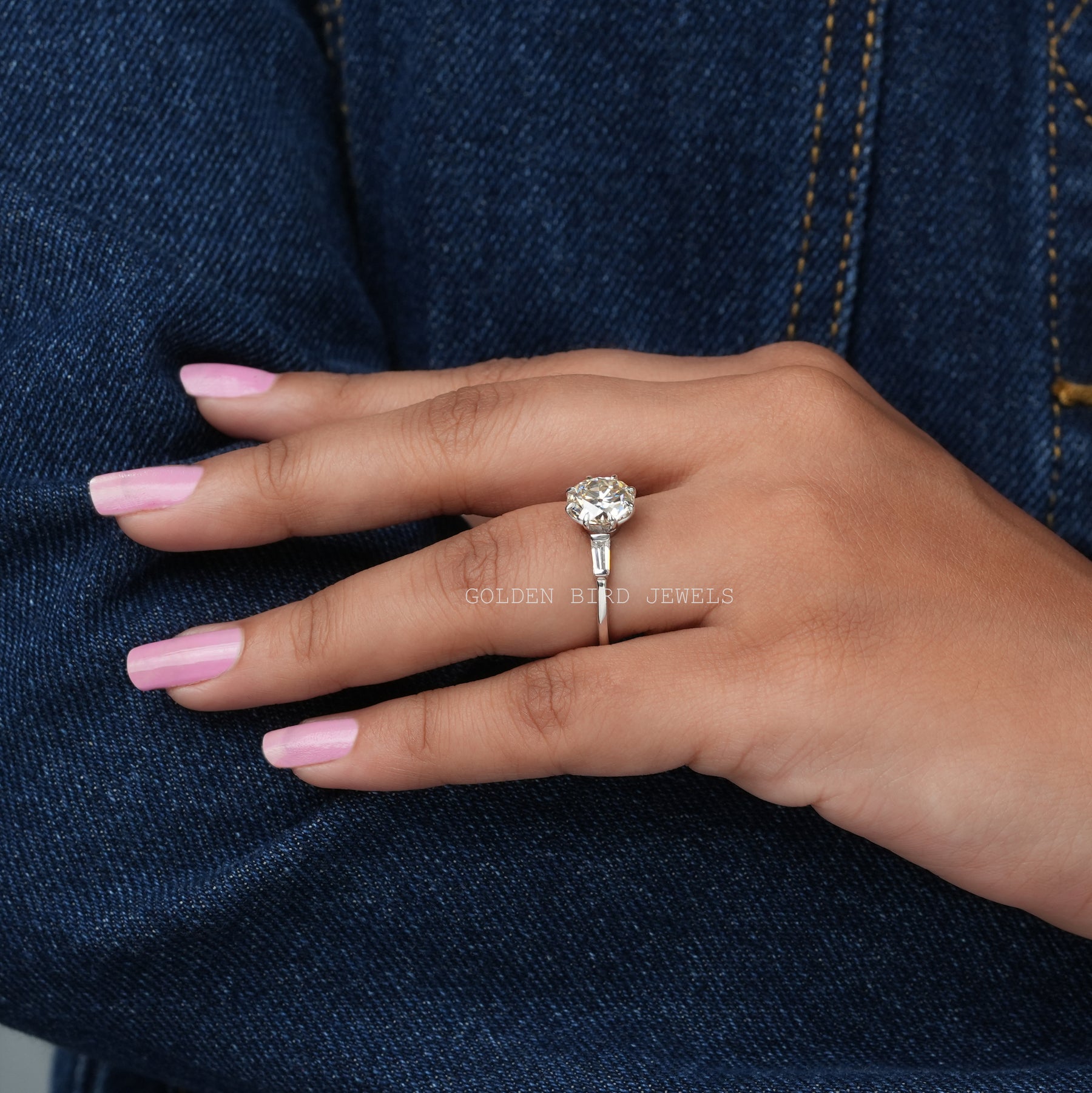 Old European Round Moissanite Three Stone Engagement Ring