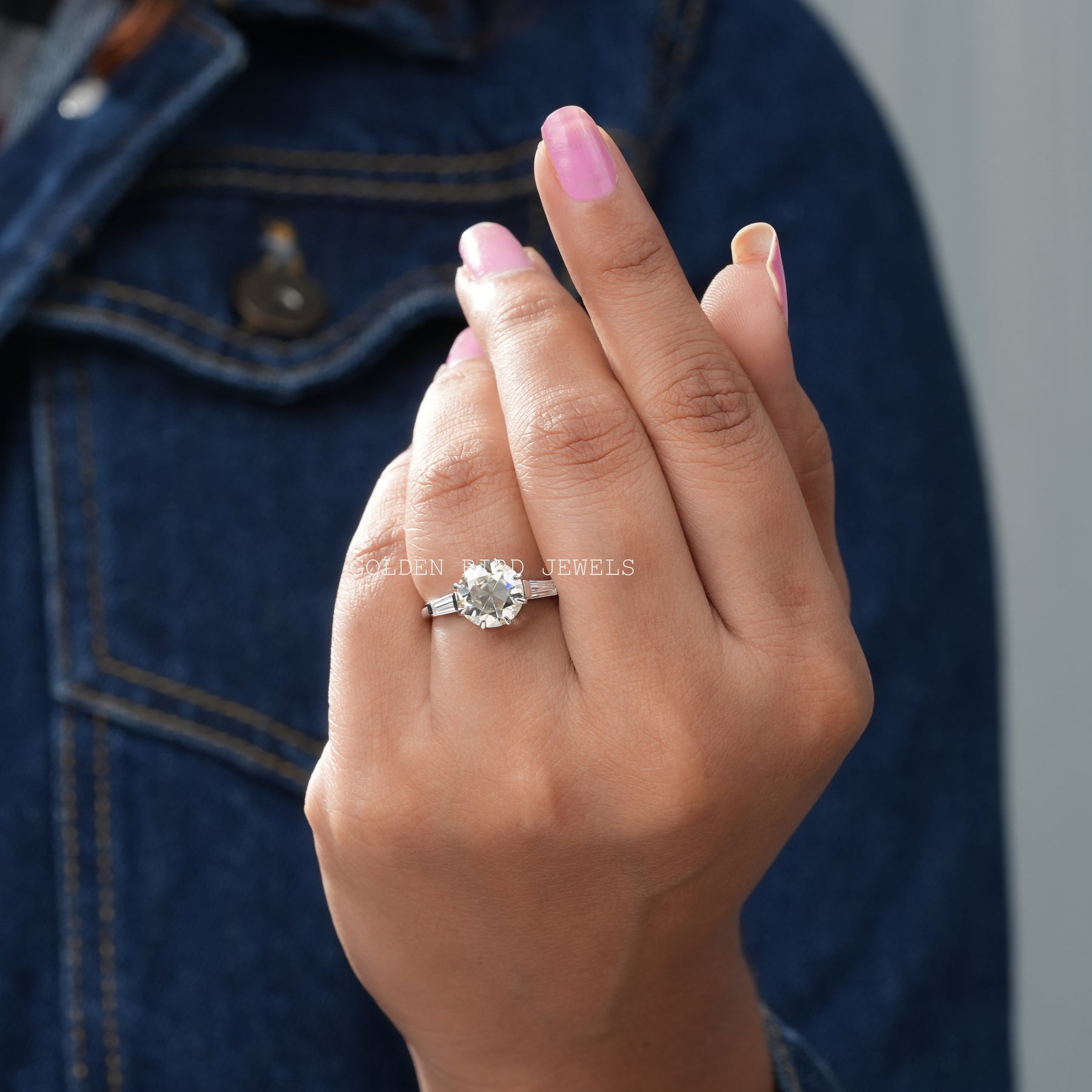Old European Round Moissanite Three Stone Engagement Ring