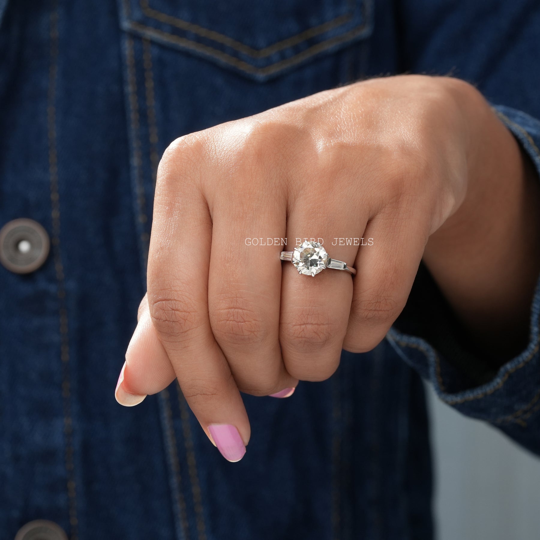 Old European Round Moissanite Three Stone Engagement Ring