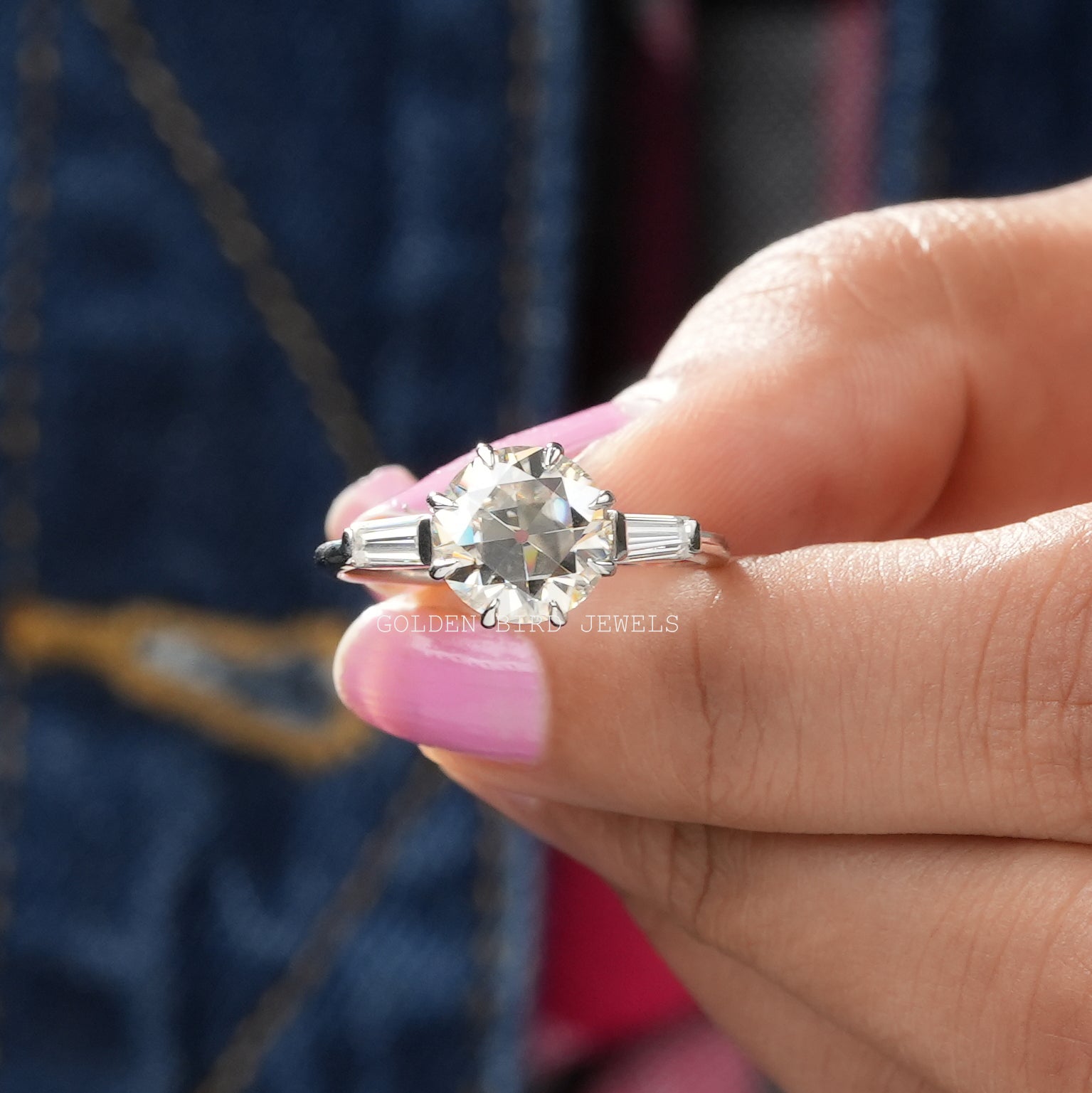 Old European Round Moissanite Three Stone Engagement Ring