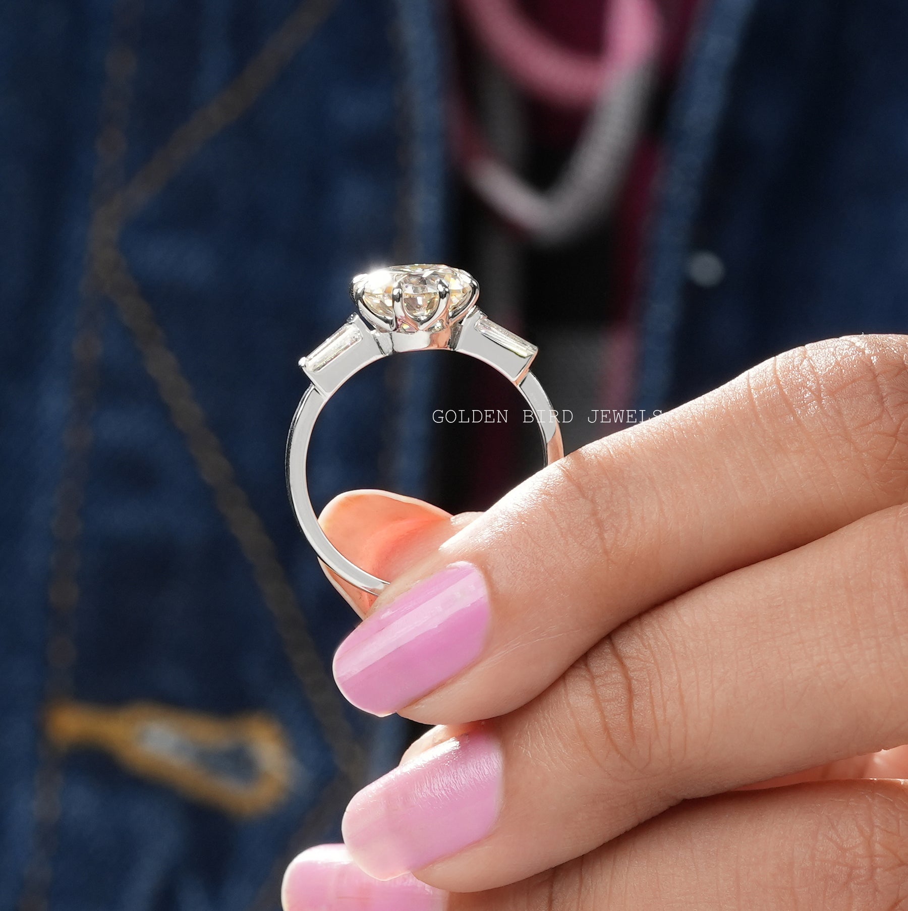 Old European Round Moissanite Three Stone Engagement Ring