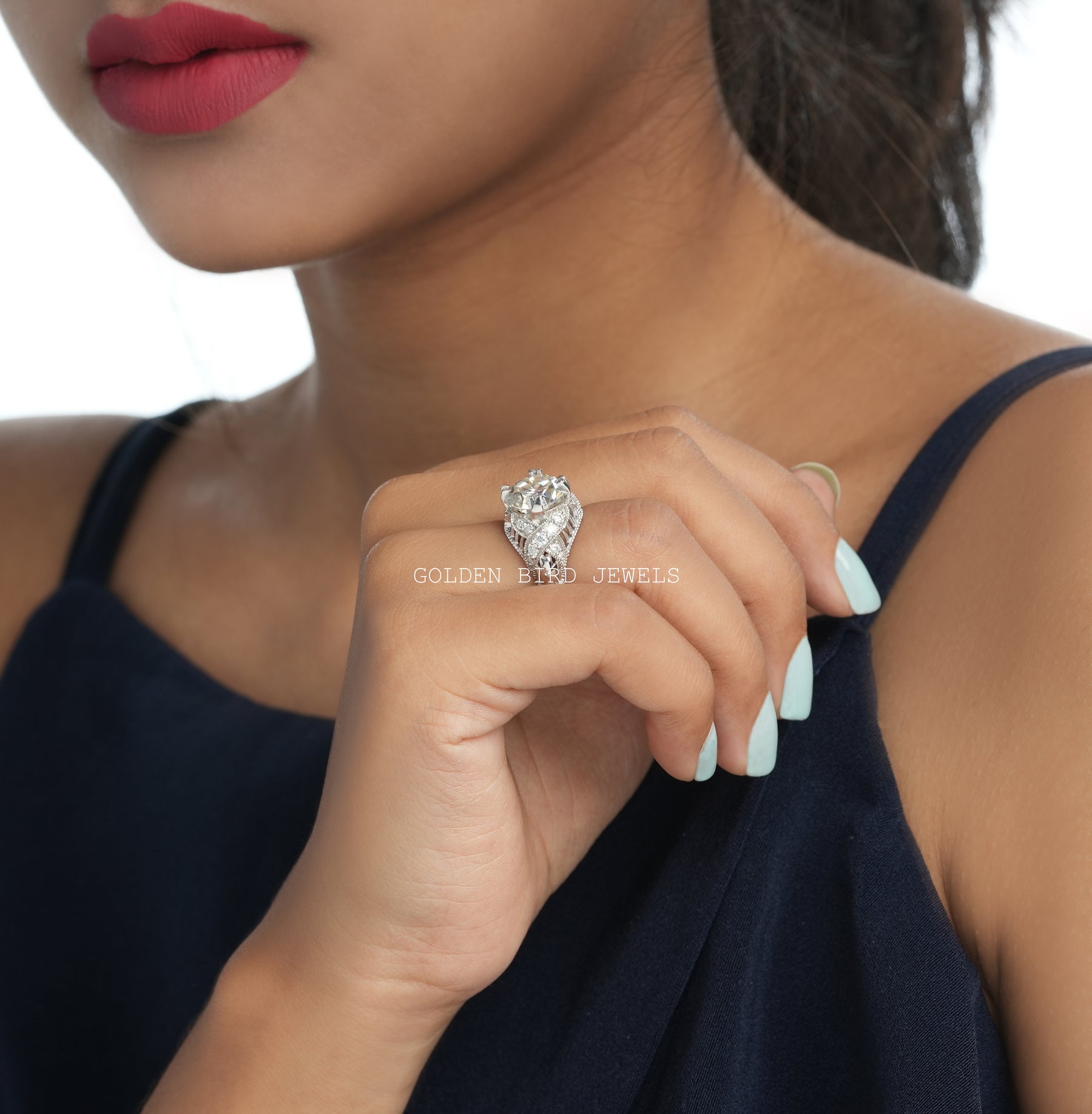 3.85 CT Old Cuts European Round Moissanite Art Deco Ring