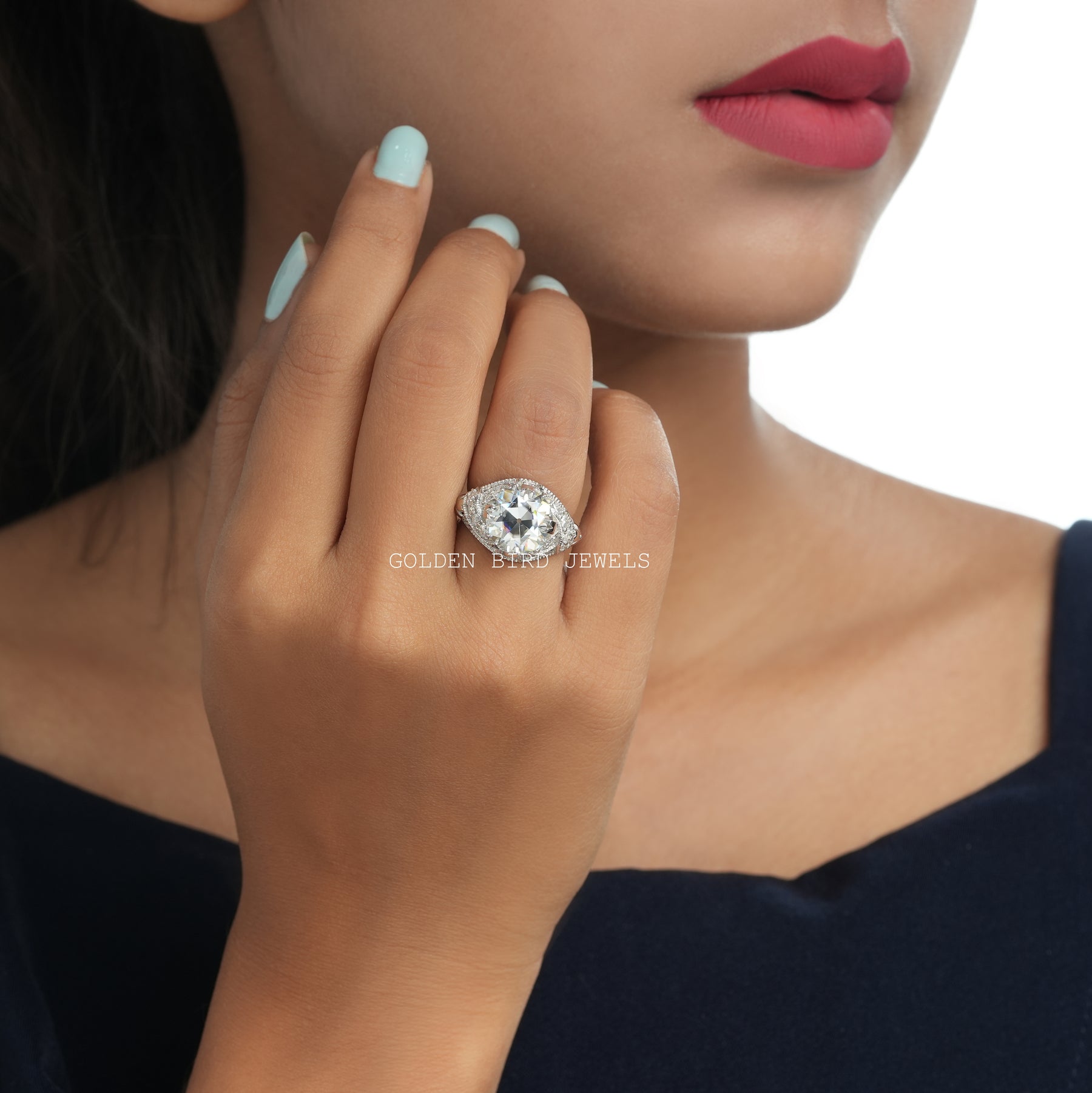 3.85 CT Old Cuts European Round Moissanite Art Deco Ring