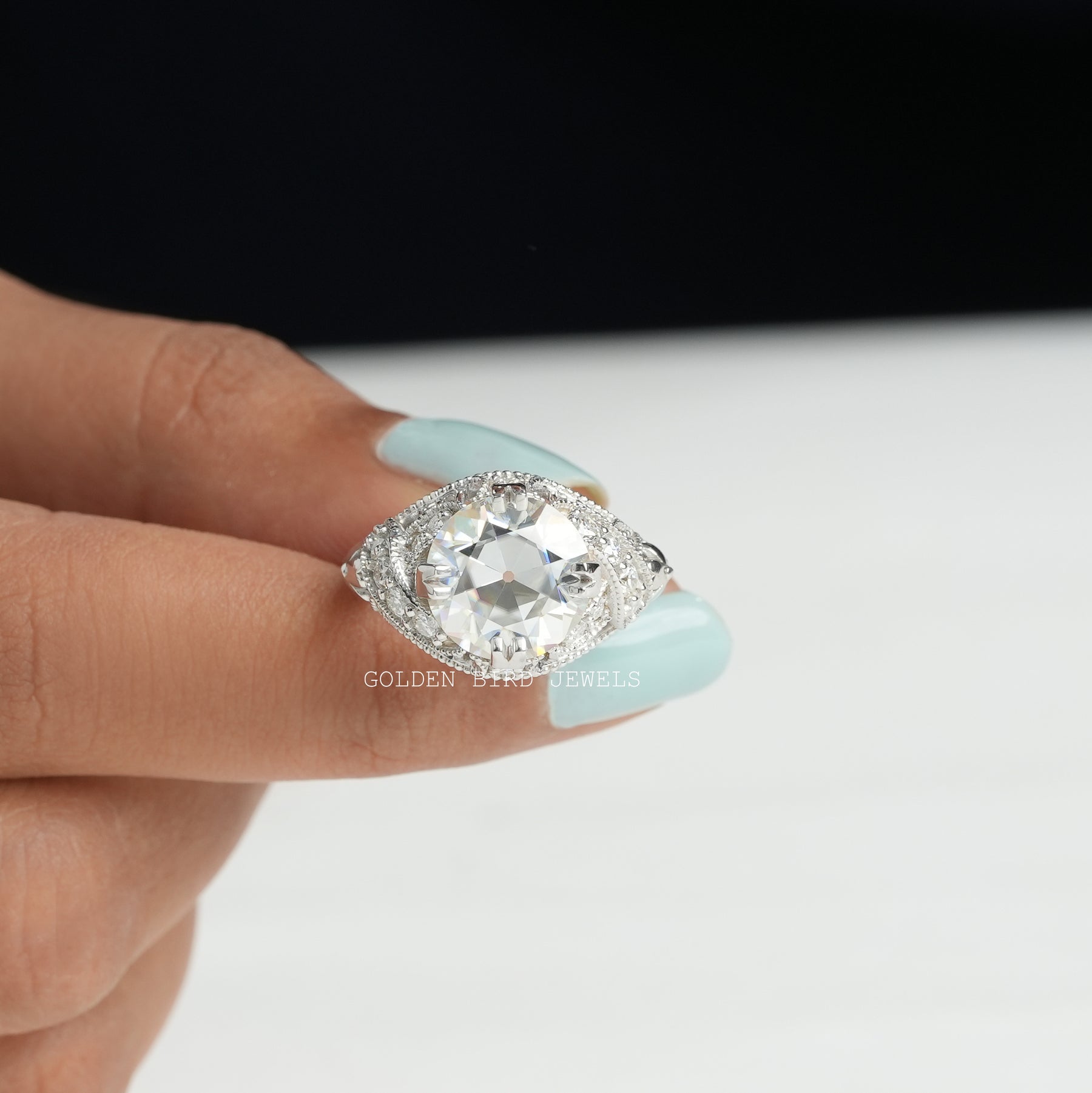 3.85 CT Old Cuts European Round Moissanite Art Deco Ring