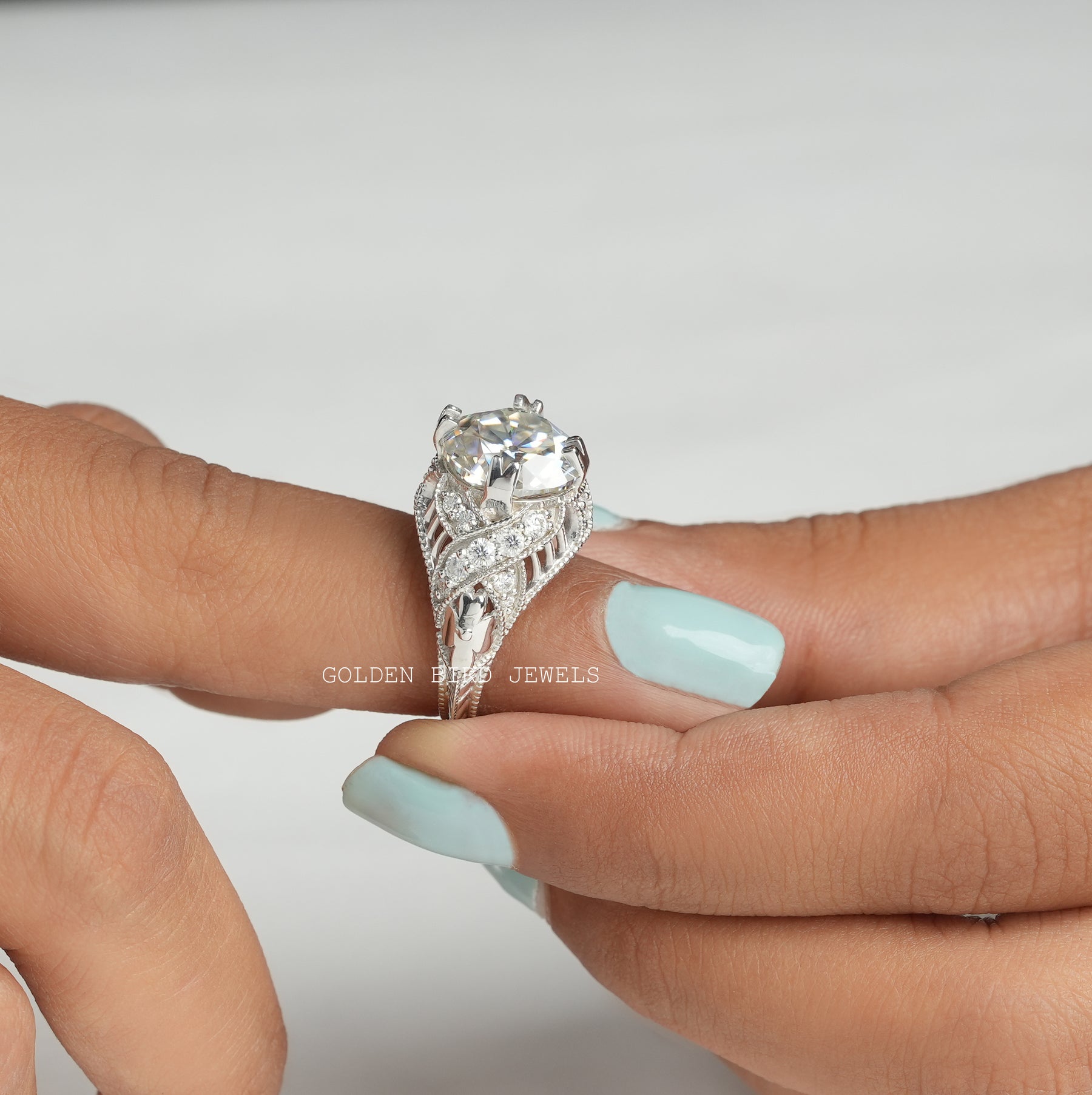 3.85 CT Old Cuts European Round Moissanite Art Deco Ring
