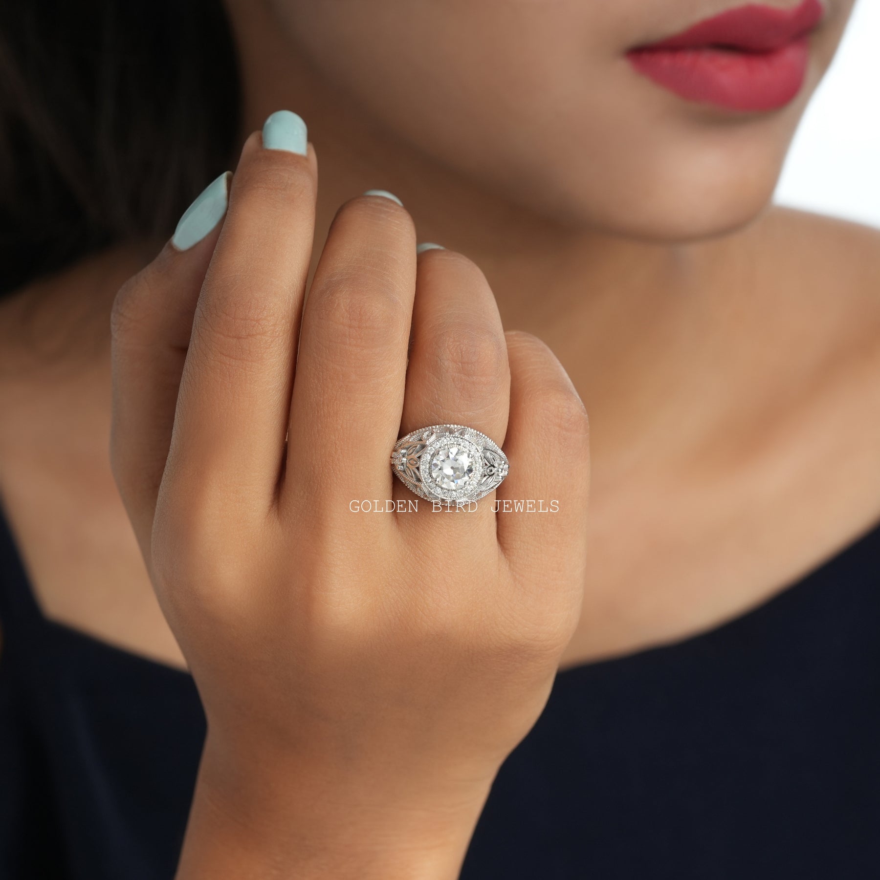 In Finger Front View Of Old European Cut Round Moissanite Engagement Ring