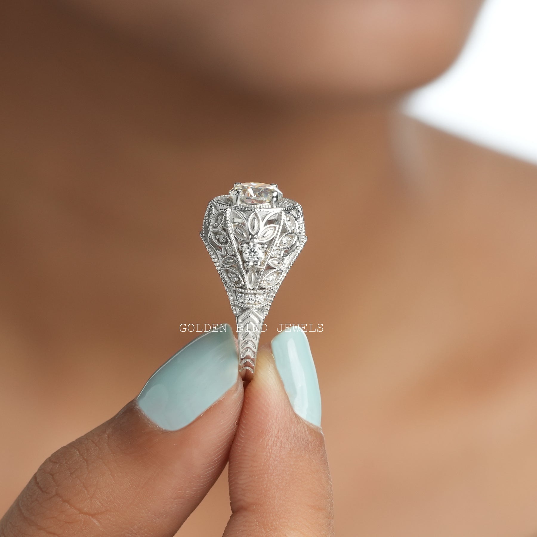 In Finger View Of Vintage style Moissanite Engagement Ring