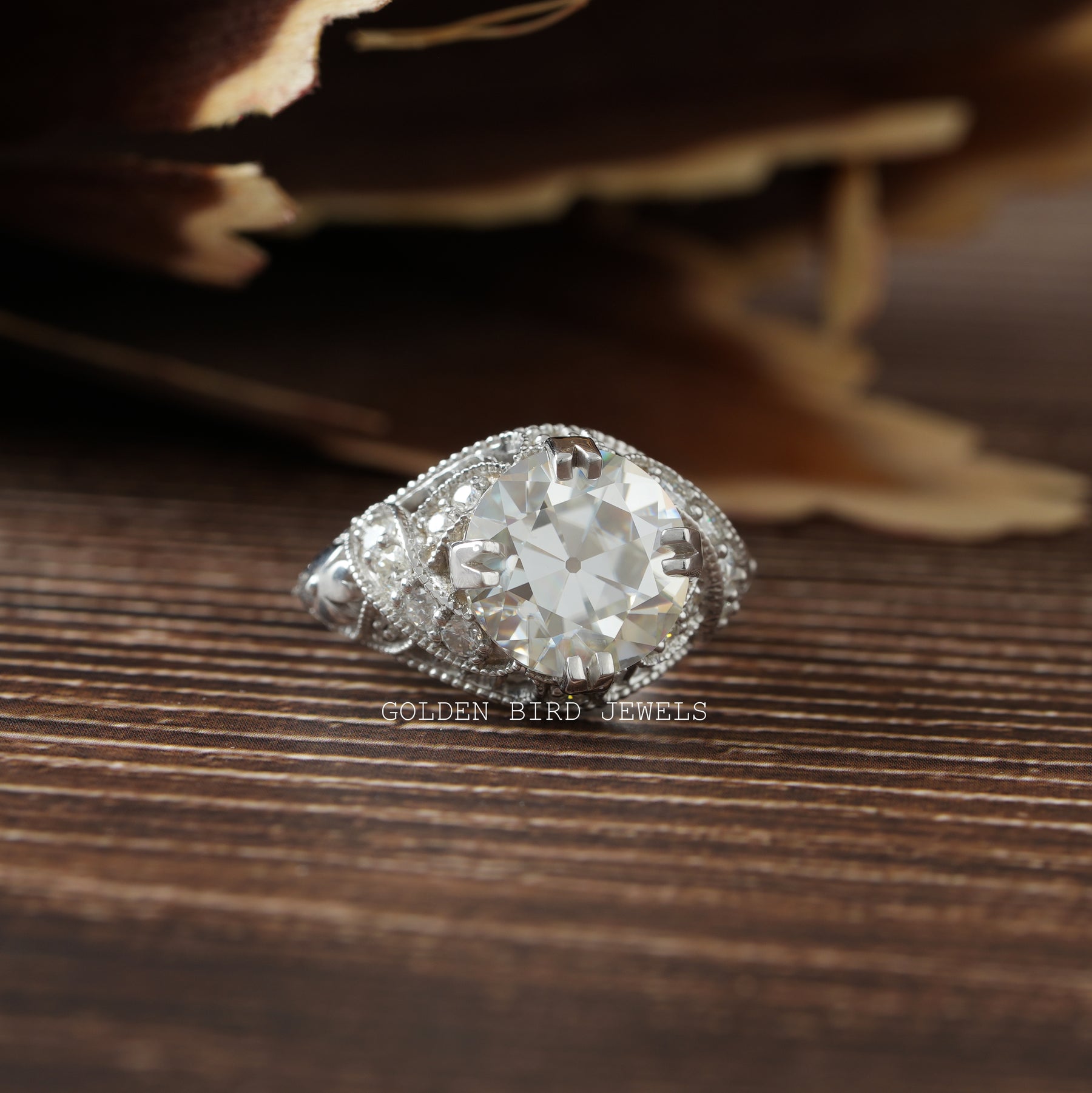 3.85 CT Old Cuts European Round Moissanite Art Deco Ring
